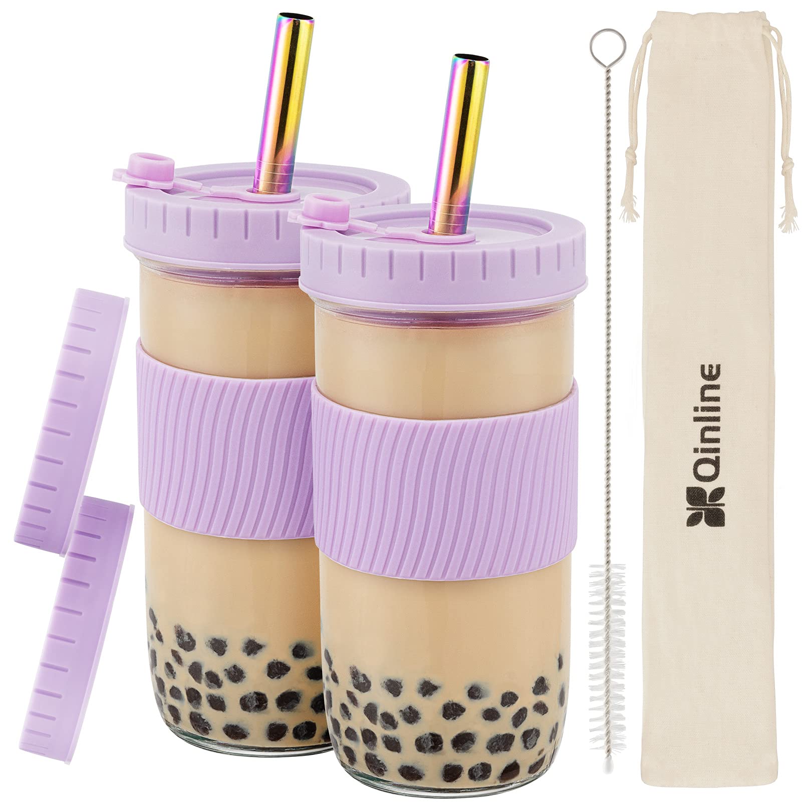 Eco-Friendly 24oz Glass Mason Jars with Lids & Straws - 2 Pack Reusable Wide Mouth Smoothie Cups, Leakproof Bubble Tea Tumblers with Silicone Sleeves - Perfect for Iced Coffee, Juice, Travel & Large Pearl Boba Drinks