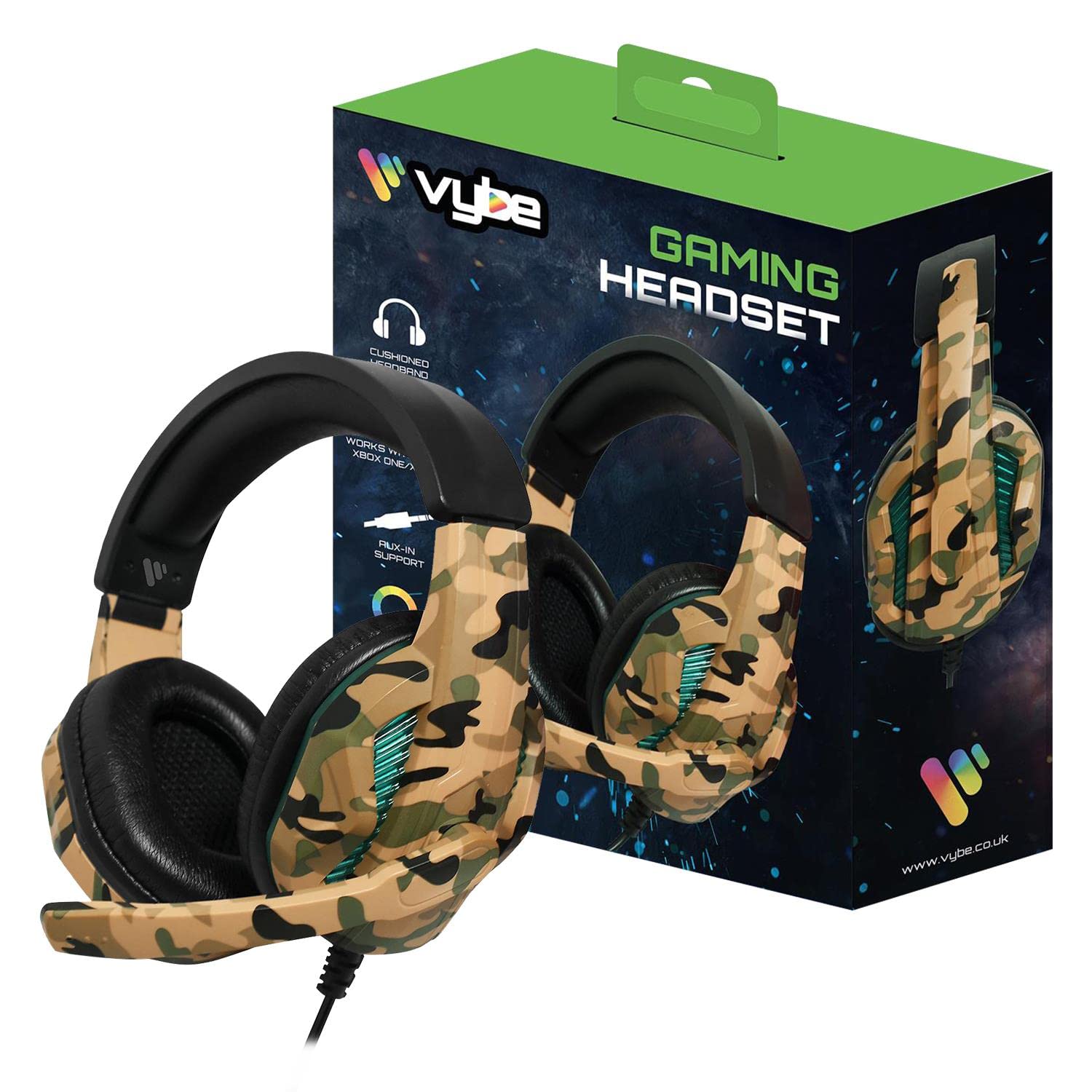Vybe LED Gaming Headset with Camouflage Design - Compatible with PlayStation, Xbox & PC - Wired Over-Ear Headphones with Adjustable Boom Mic & AUX-in Support - Perfect for FPS, Streaming & Multiplayer Gaming