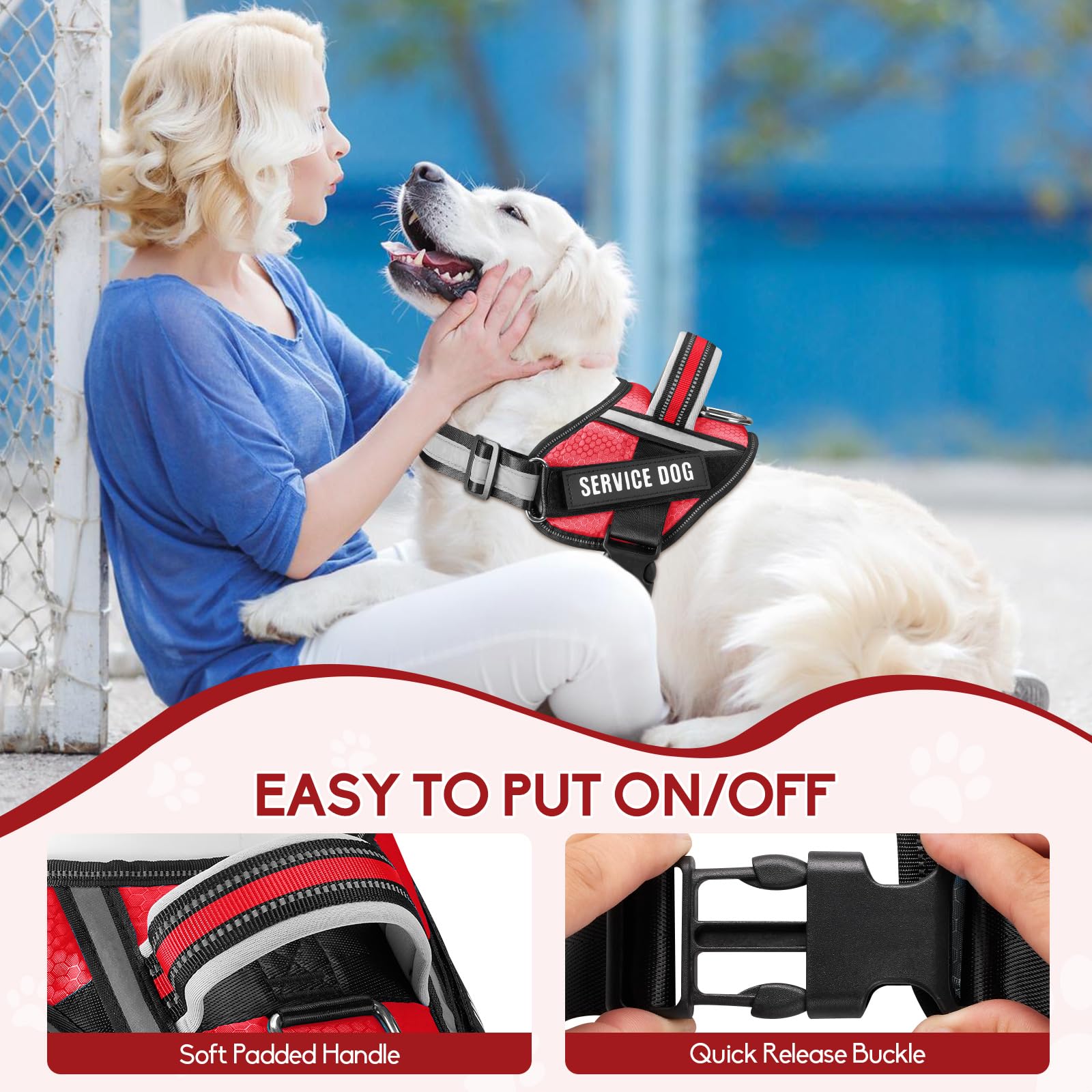 Service Dog Vest Harness and Leash Set - Adjustable Training Harness with 10 Patches, Reflective Leash & Soft Padded Handle for Small to XL Dogs (Red, XS) - Perfect for Therapy, Assistance & Outdoor Activities