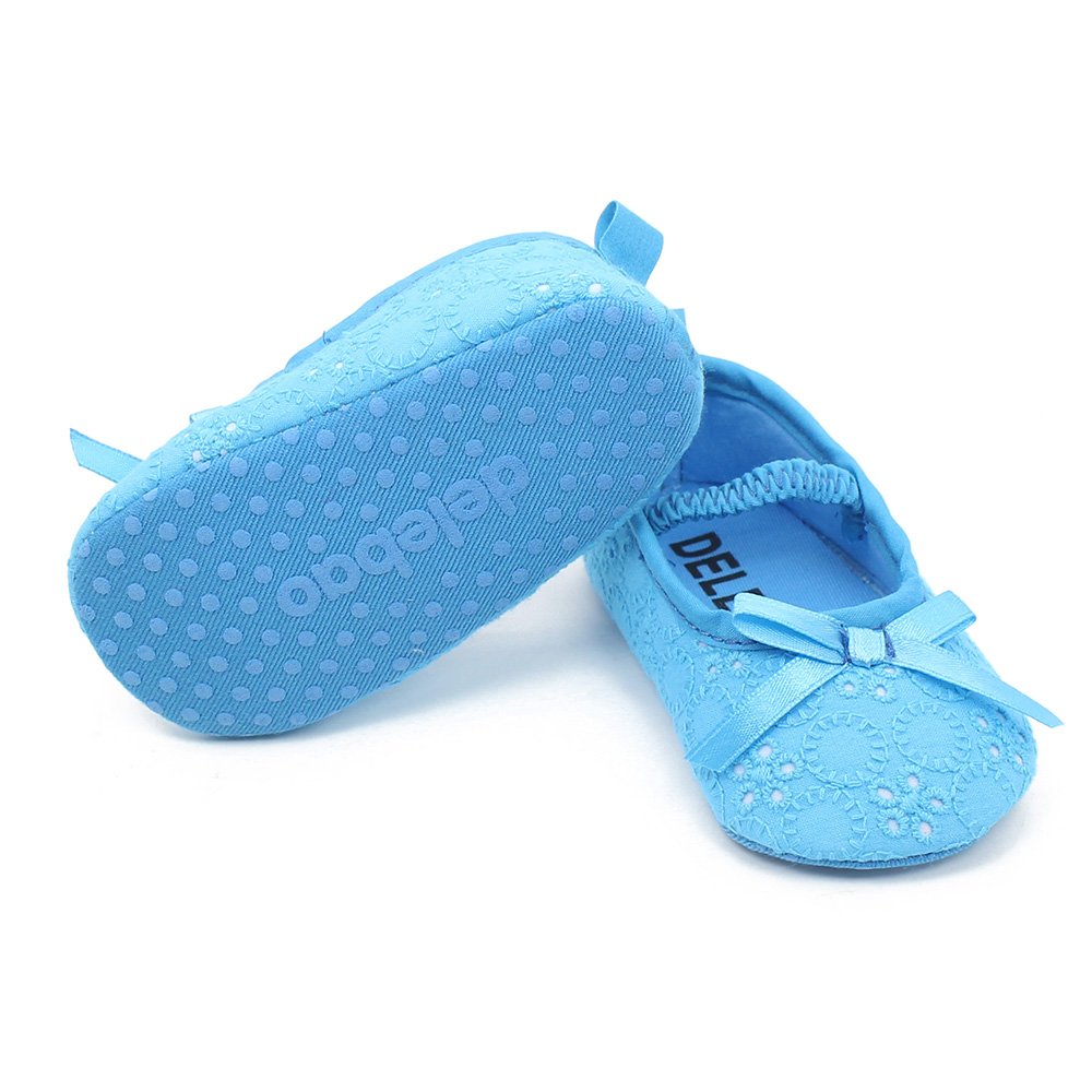 Delebao Baby Girl Satin Mary Jane Shoes - Soft Infant Baptism Slippers, Comfortable Dance Ballerina First Walkers for 12-18 Months (Blue) - Perfect for Christening, Photo Shoots & Special Occasions