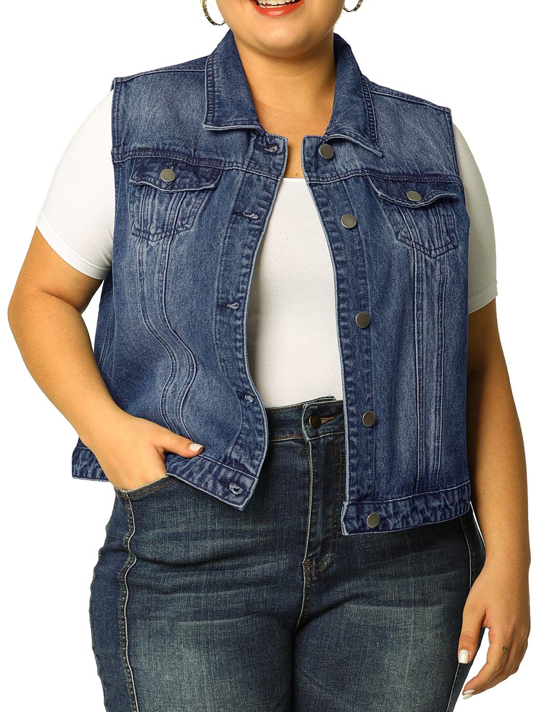 Women's Plus Size Denim Vest with Buttons & Two Chest Flap Pockets - Casual Jacket for Outdoor Activities, Streetwear & Layering Fashion