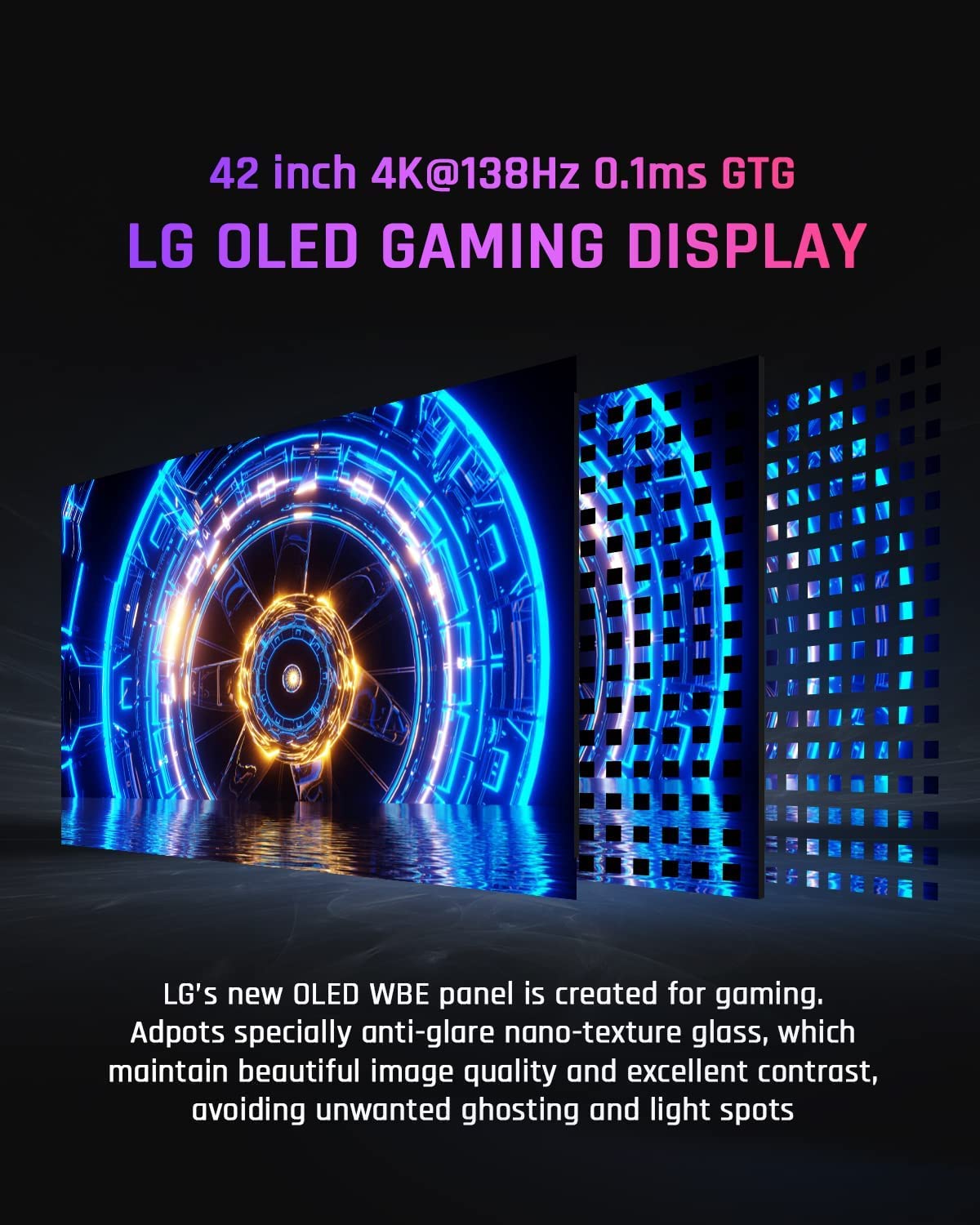 42 Inch 4K OLED Gaming Monitor - 3840x2160 UHD, 138Hz, 0.1ms Response, HDR, VESA Mount | DP1.4 & HDMI2.1 Ports, USB-C 90W Charging | Built-in Speakers | Perfect for PC, PS5, Xbox Gaming & Home Office Setup