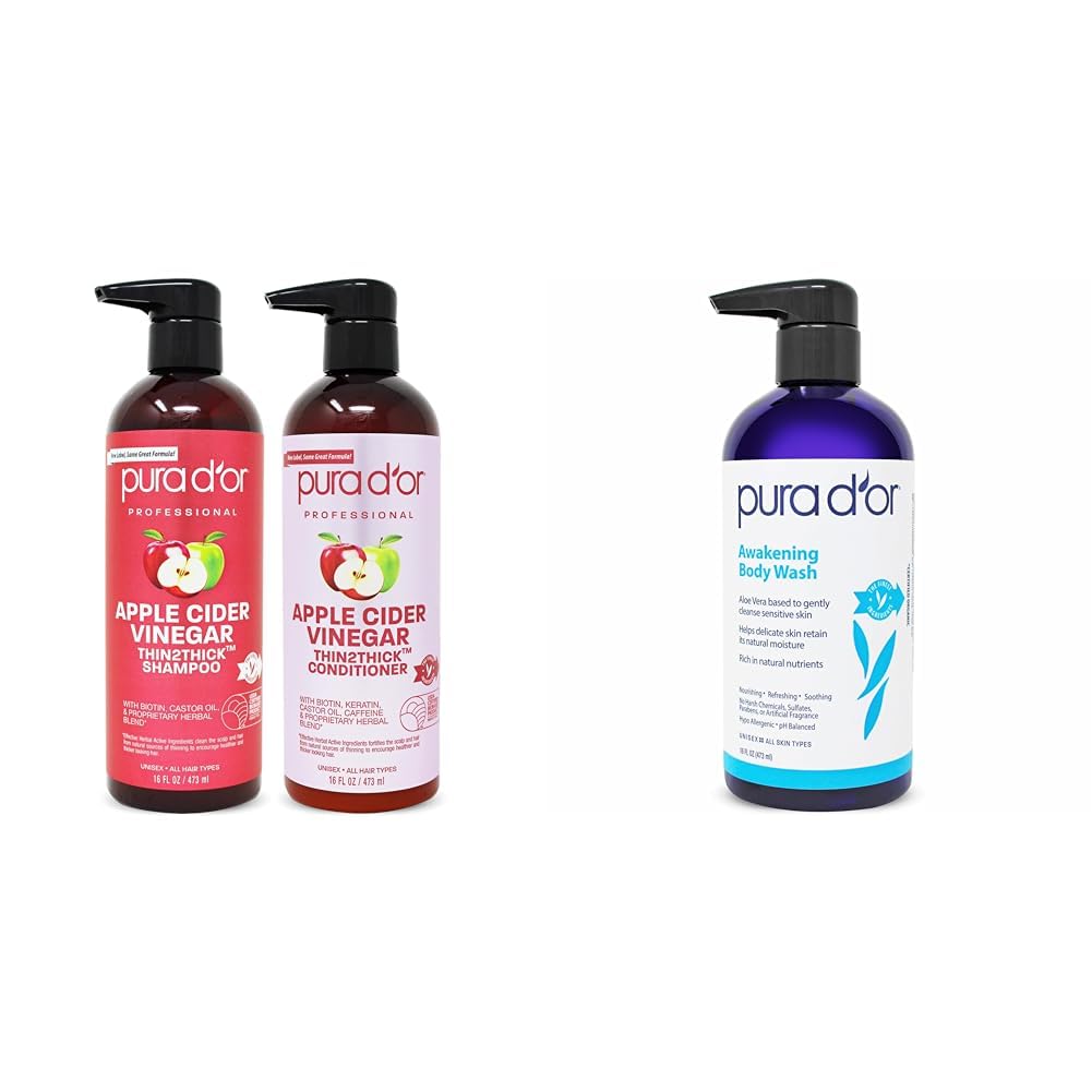 PURA D'OR Apple Cider Vinegar Thin2Thick Hair Care Set - 16oz x 2 ACV Shampoo & Conditioner + 16oz Awakening Body Wash with Aloe Vera, Chamomile, Lavender & Tea Tree Oil - Natural Hair Growth & Scalp Treatment for Thicker, Healthier Hair - Perfect for Daily Hair & Body Cleansing Routine