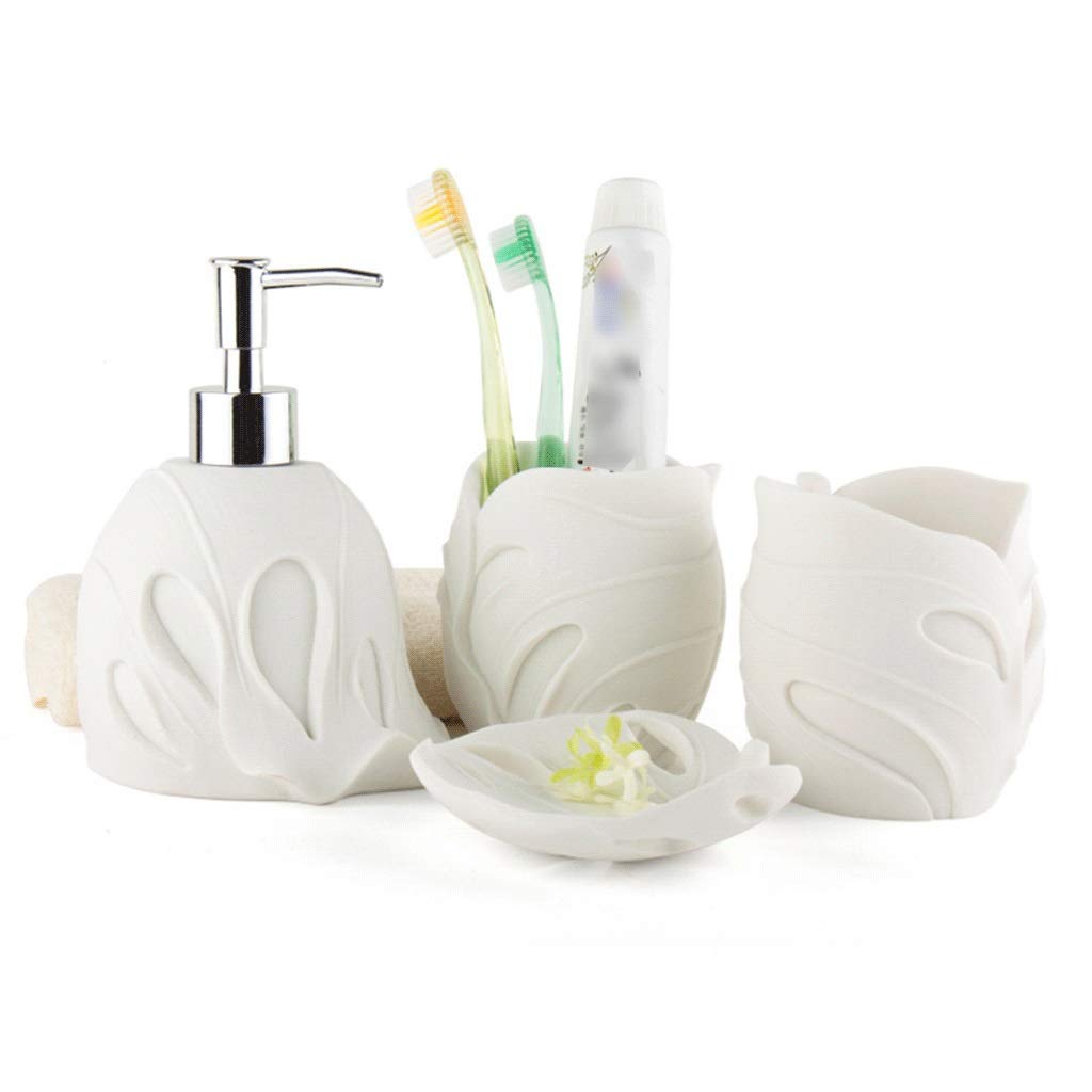 ZANZAN 4-Piece Leaf Shape Sandstone Bathroom Set - Soap Dispenser, Soap Tray, Tumbler & Pump | Elegant White & Green Design | Perfect for Modern Kitchen & Bathroom Decor