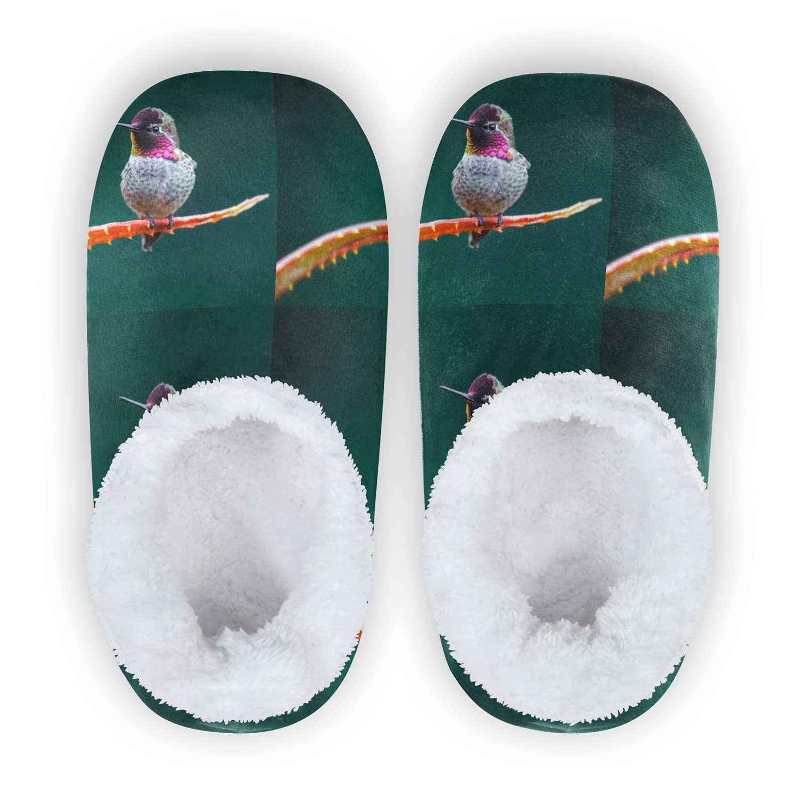 Cozy Fleece Winter House Slippers for Women & Men - Hummingbird Design - Warm Indoor/Outdoor Comfort for Cold Weather, Lounging & Home Relaxation