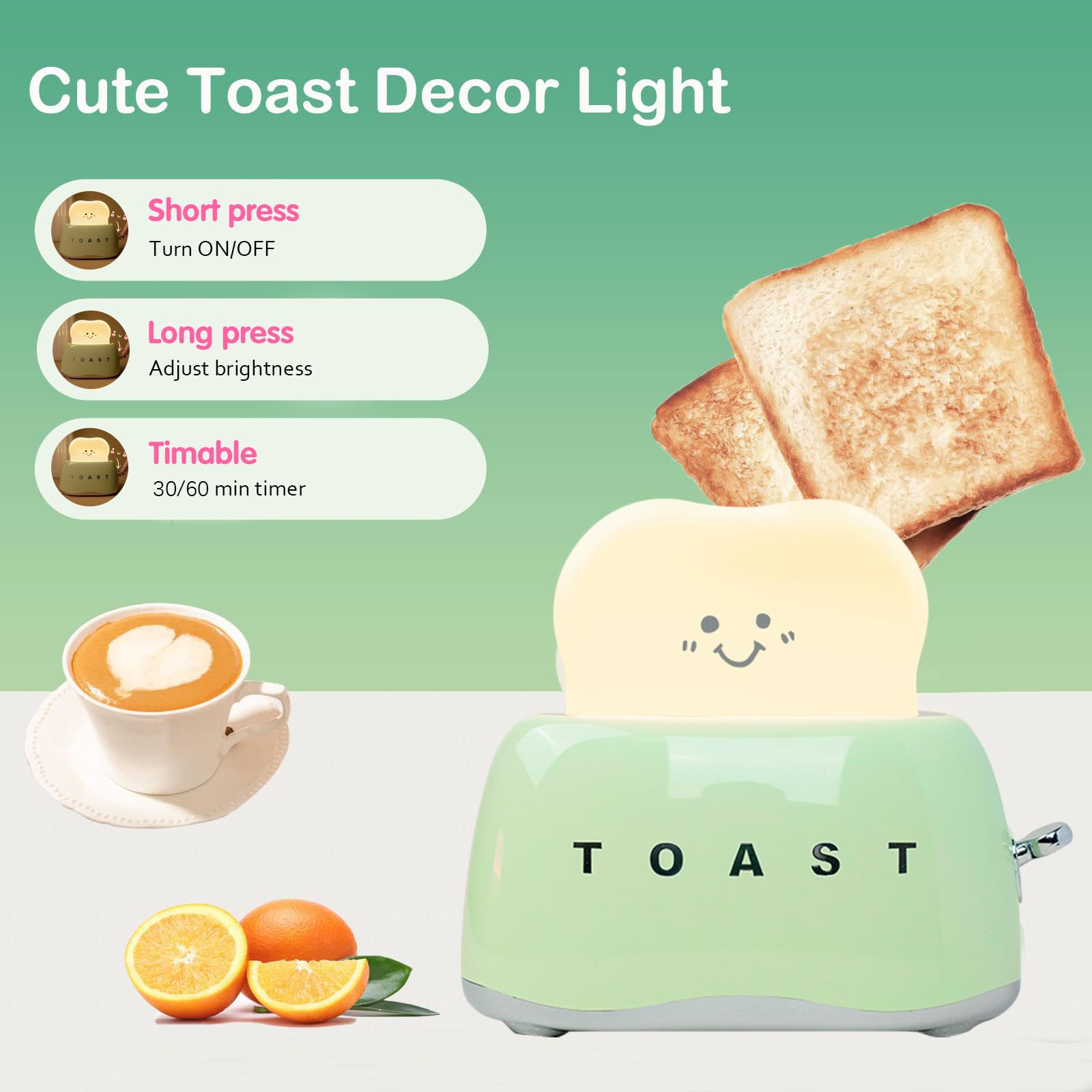 Cute Toast Lamp - Battery Powered Night Light for Kids, Rechargeable Desk Lamp with Adjustable Brightness, Kawaii Decor for Girls Bedroom - Perfect for Bedtime, Nursery, and Playroom Lighting
