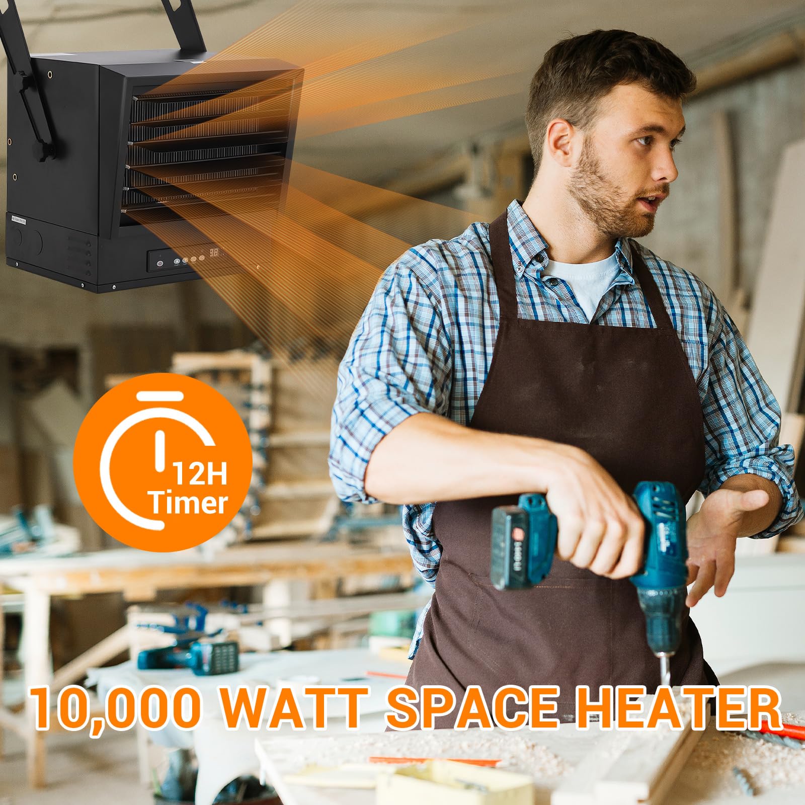 5000W Electric Garage Heater with Digital Thermostat & Timer - Ceiling Mount Fan Forced Space Heater 240V Hardwired for Workshop, Warehouse, Basement - Black | Fast Heating for Large Areas, Energy Efficient Shop Heater