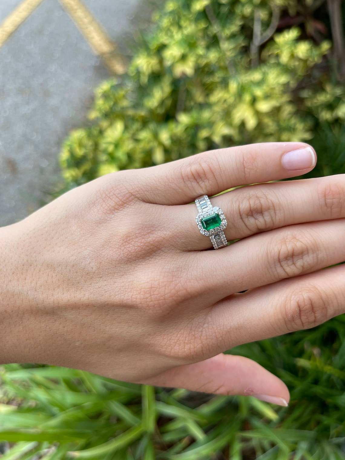 1.70tcw Natural Green Emerald & Diamond Engagement Ring in 14K Gold - Round & Baguette Cut for Wedding, Proposal & Anniversary Gifts