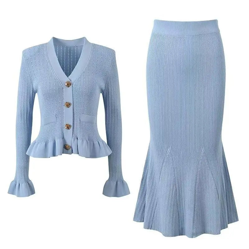 Vintage Women's Long Sleeve Ruffled Cardigan & High Waist Wrap Fishtail Skirt 2-Piece Set - Autumn Winter Knit Sweater Outfit for Casual Wear, Office, Date Night