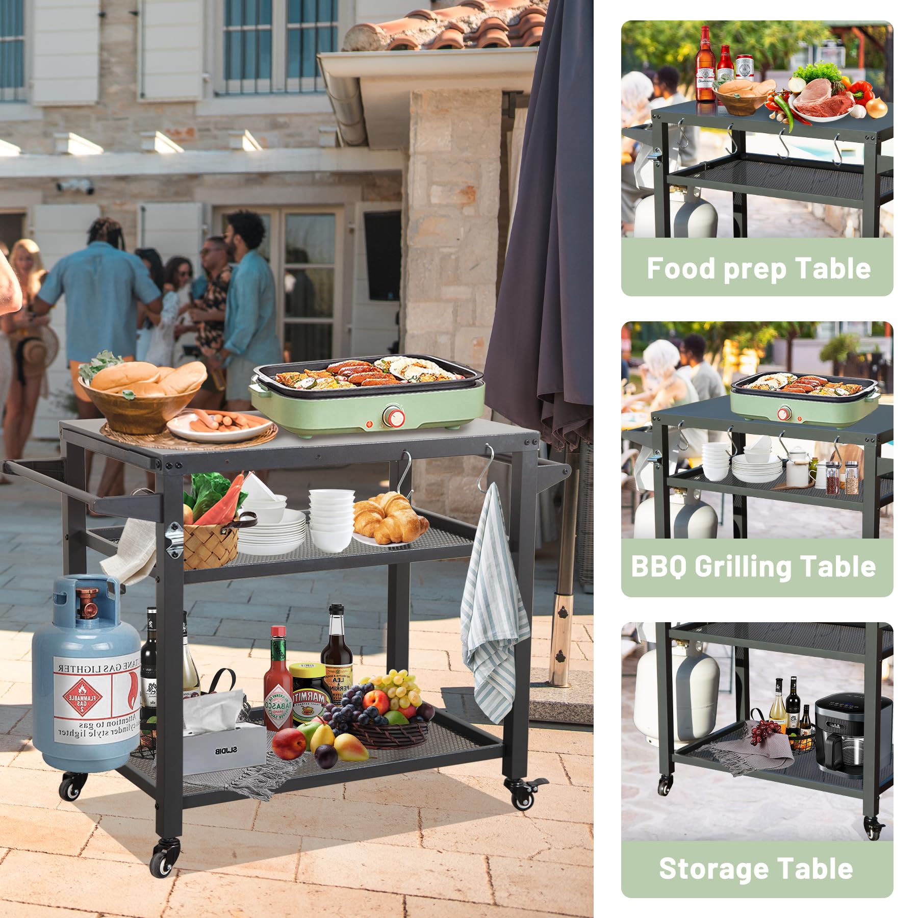 Domi 3-Tier Outdoor Grill Cart with Wheels - Stainless Steel Pizza Oven & Food Prep Station - Blackstone Griddle Stand for Backyard BBQ, Patio Cooking & Tailgating Parties