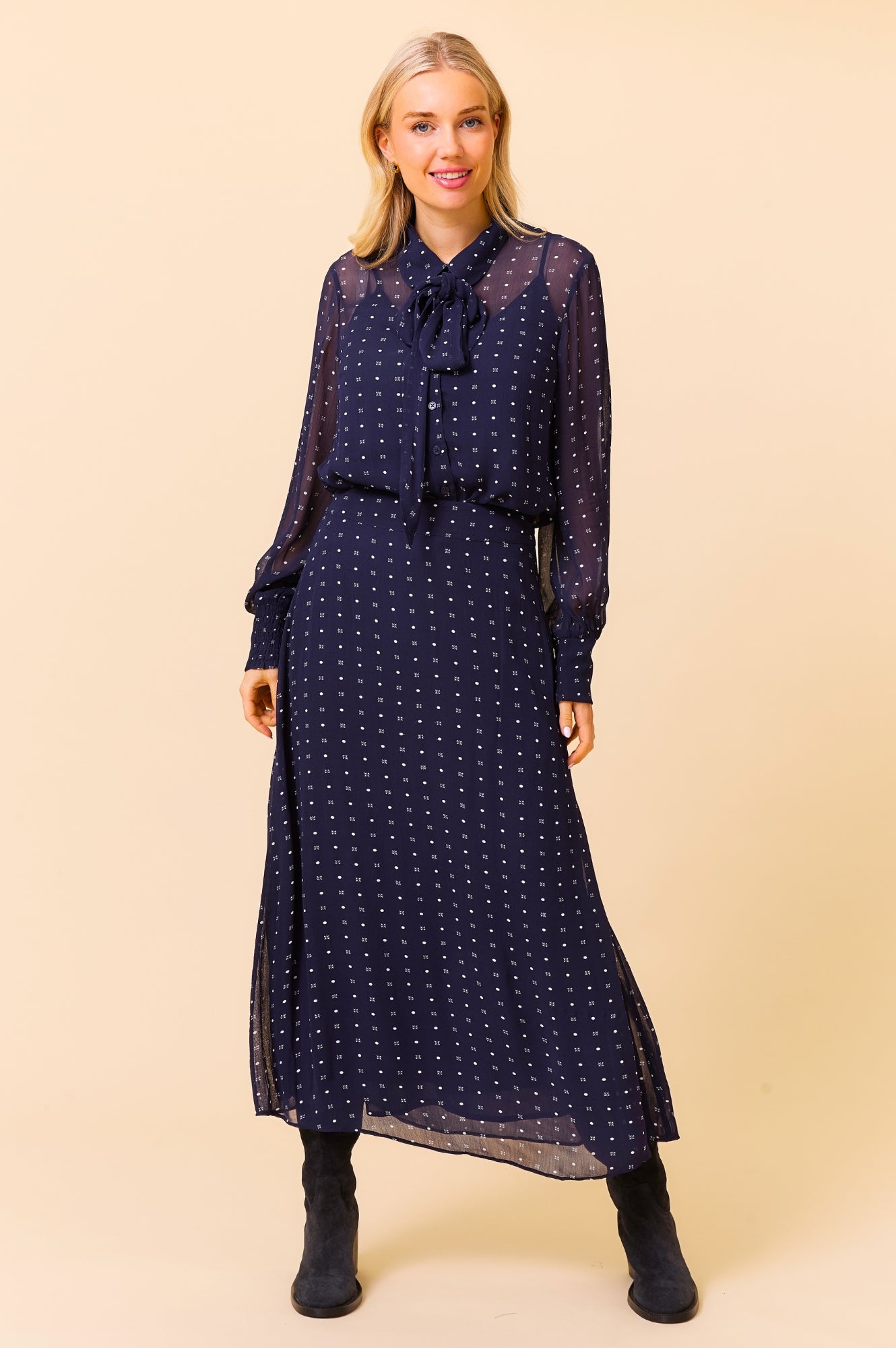 Ffion Blouse - Stylish Navy & White Polka Dot Women's Top for Casual Wear & Office Outfits