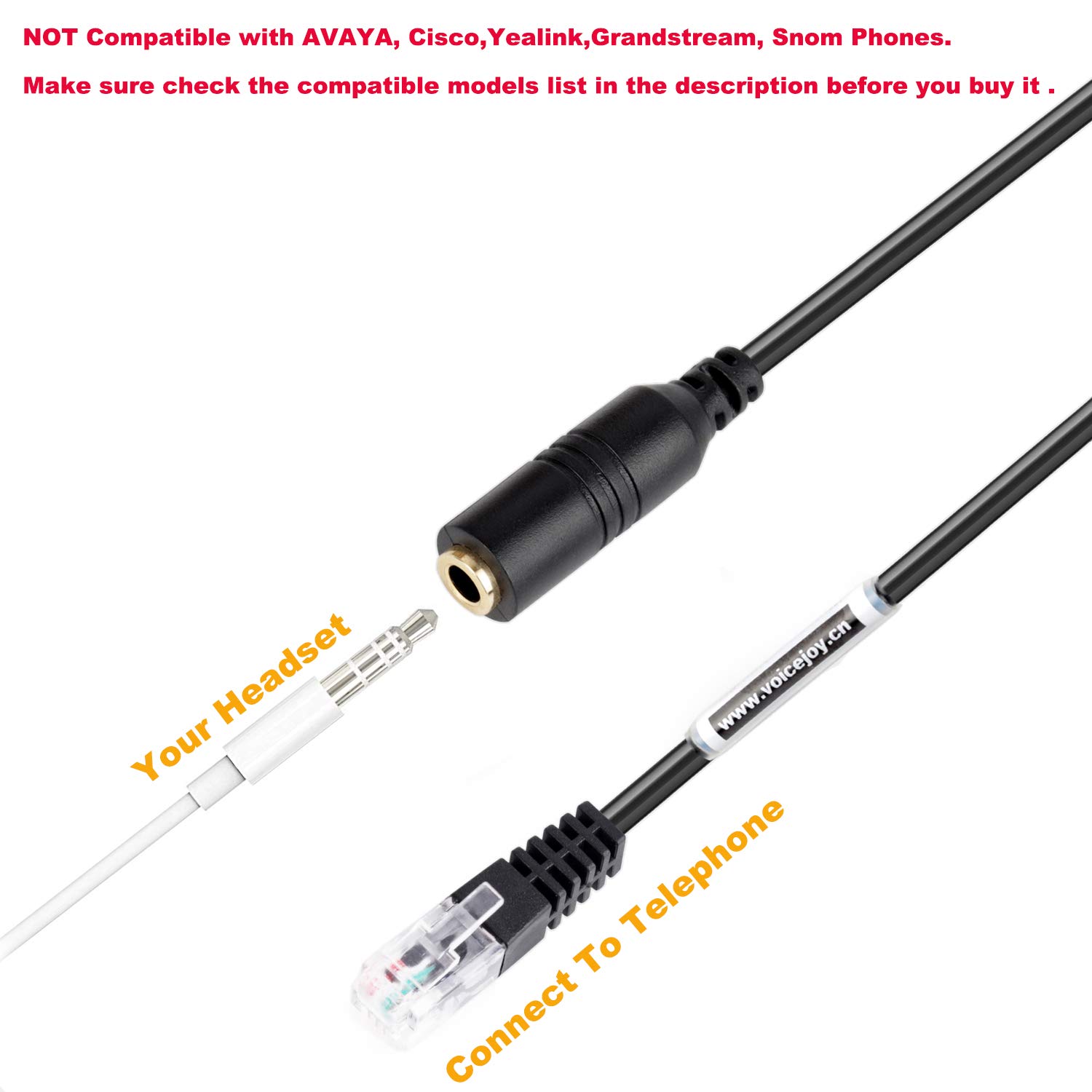 Yealink T20P T22P T26P T28P & Grandstream Phone Headset Adapter Cable - Smartphone to 4P4C RJ9 Plug Connector for Office Communication & Call Center Use