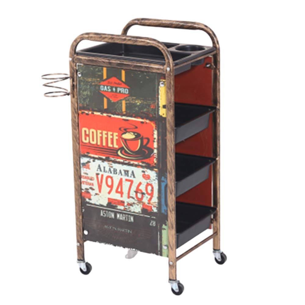 Vintage Salon Hairdresser Trolley - 4-Tier Multifunctional Barber Beauty Cart with Hair Dryer Holder, Wheels & Storage Drawers for Hair Styling, Coloring & Tattoo Tools | Perfect for Salon, Home Barber & Mobile Beauty Services