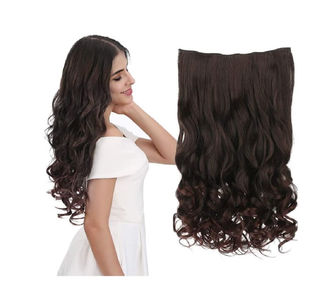 24 Inch Abrish Natural Light Brown with Golden Touch Curly/Wavy Hair Extensions - 5 Clip High Temperature Synthetic Hair Weft for Women | Silky Soft Heat Resistant Hairpiece for Daily Wear, Parties & Special Occasions