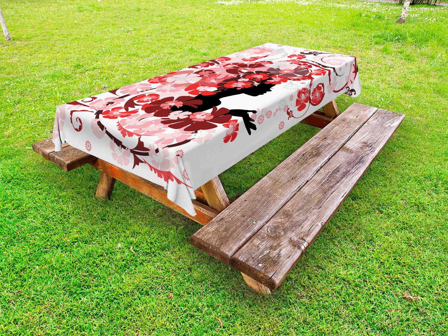 Ambesonne Floral Outdoor Tablecloth - Pink Blossoms Design, Washable Picnic Table Cover 58x84 Inches, Black Pink & Red - Perfect for Garden Parties, Outdoor Dining, and Picnic Decorations