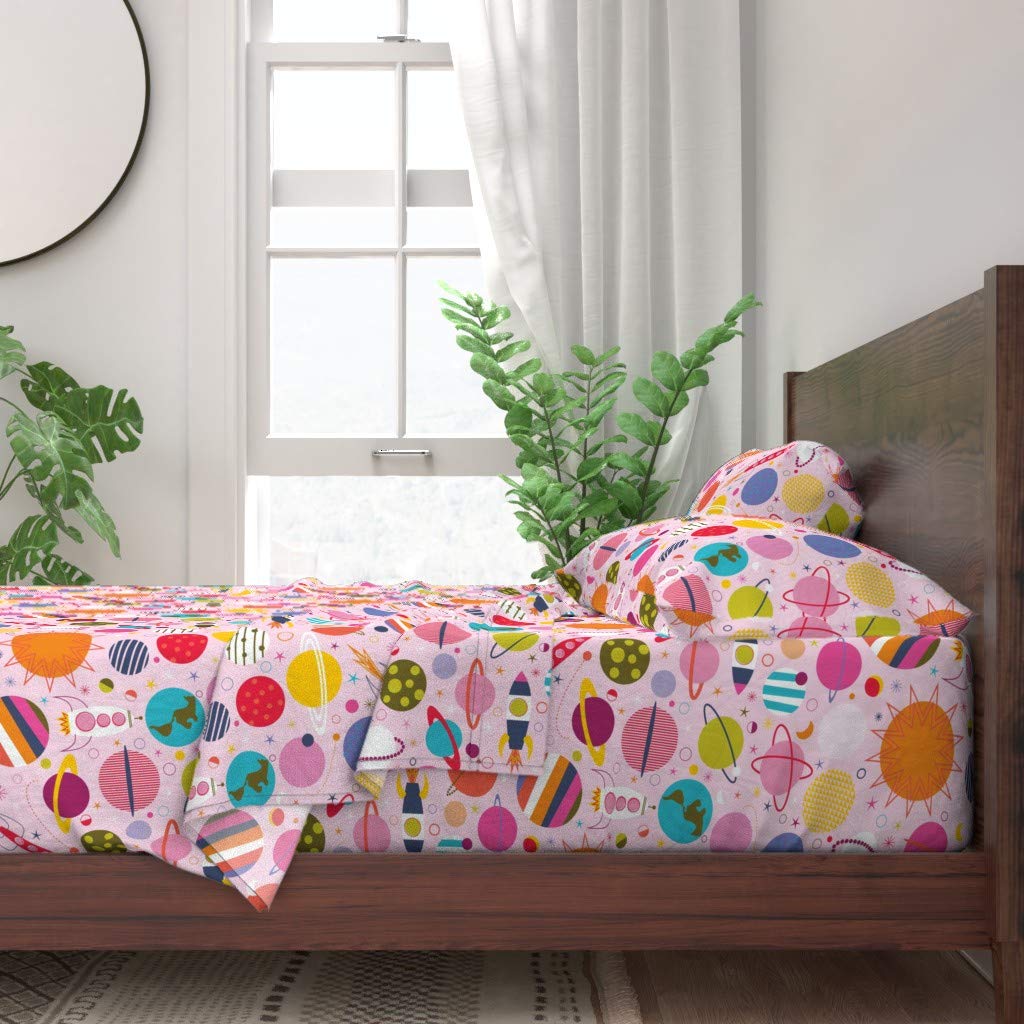 Rocket Science Girl Pink Solar System Cotton Queen 4-Piece Bedding Set | 100% Cotton Custom Printed Sheets for Kids & Nursery | Astronomy Planet Sun Design for Girls' Room Decor