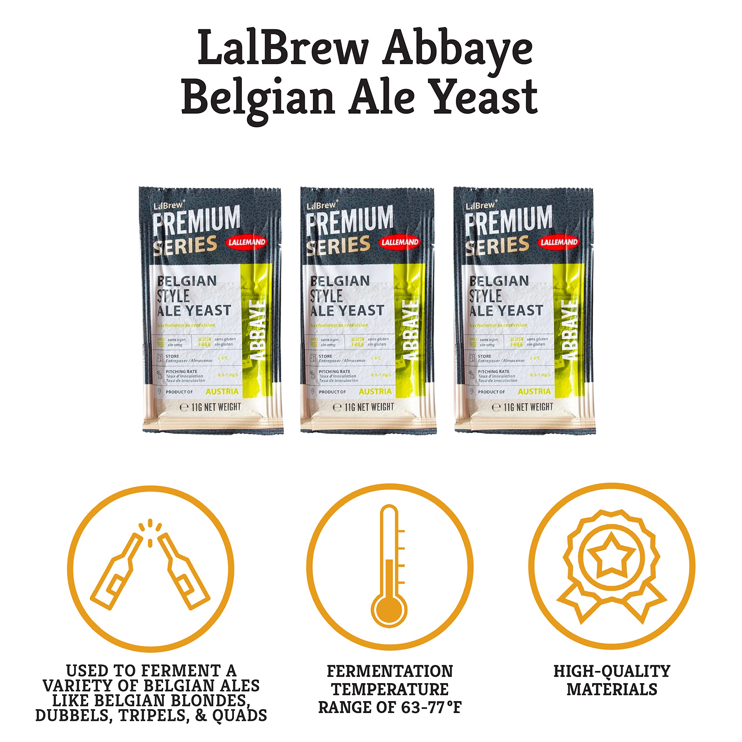LalBrew Abbaye™ Belgian Ale Dry Yeast - 3 Pack - Premium Belgian Ale Yeast for Craft Blondes, Dubbels, Tripels & Quads - Home Brewing Ingredients & Beer Making Supplies - Perfect for Homebrewers Crafting Authentic Belgian-Style Ales