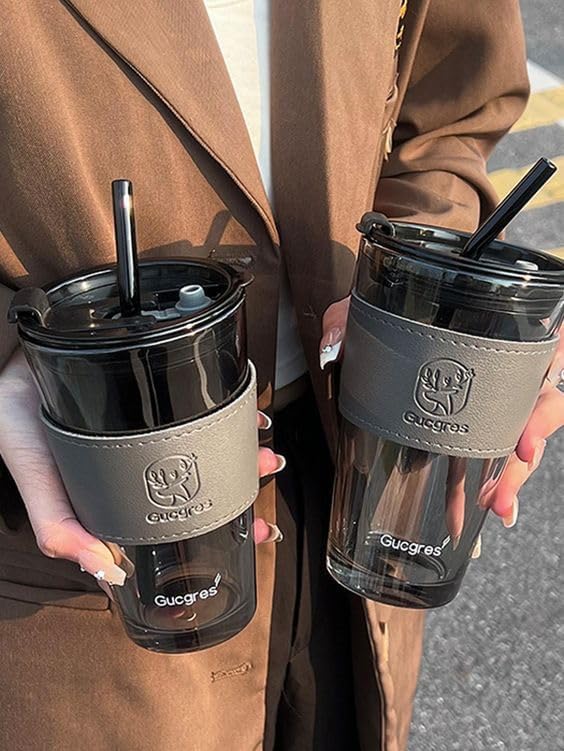 KD ZONE 450ML Glass Tumbler with Leather Sleeve - Insulated Coffee Mug with Glass Straw & Lid for Hot/Cold Drinks - Perfect for Juice, Milk, Tea - Ideal Travel Cup for Office, Commuting & Outdoor Activities (Black, Pack of 1)