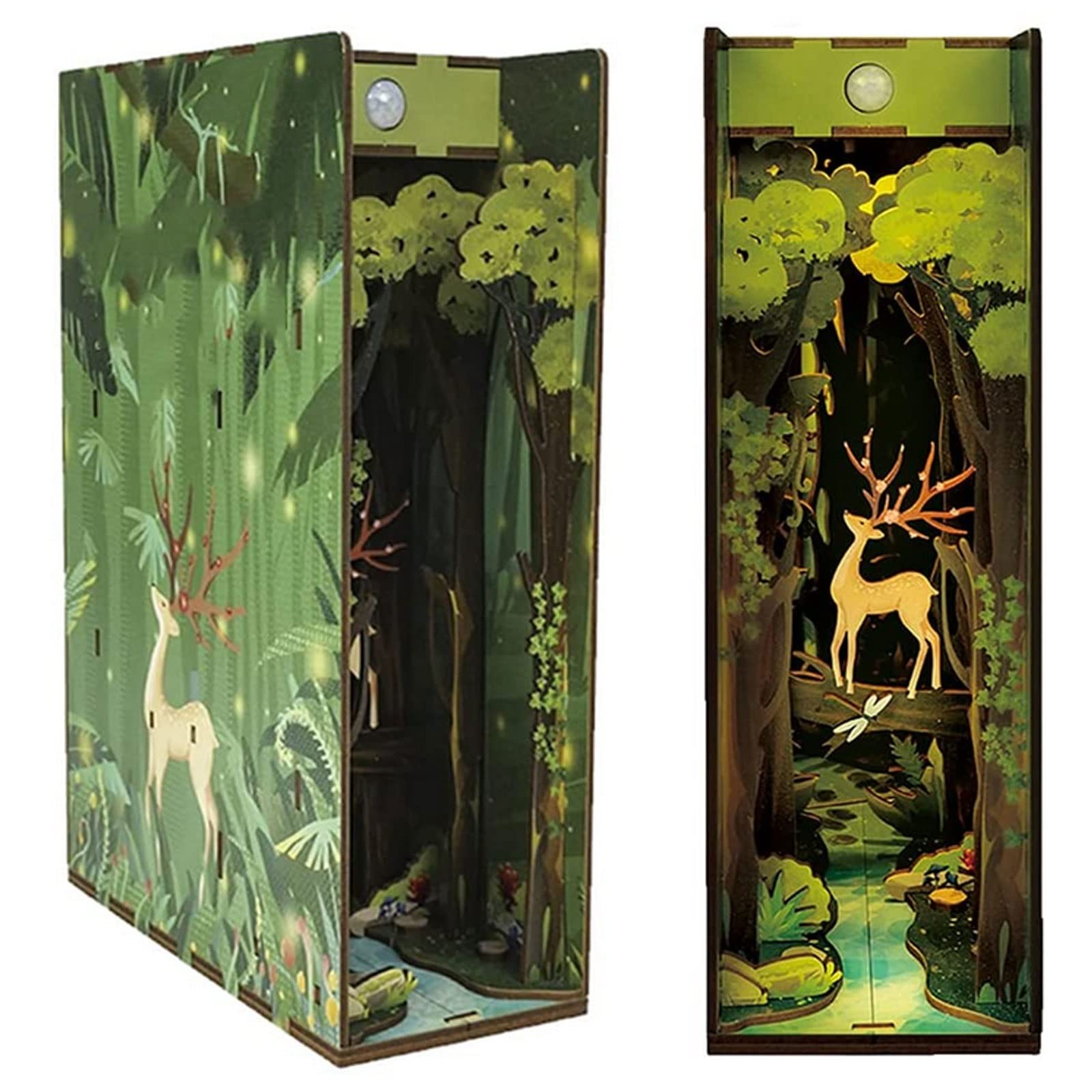 HMLOPX 3D Wooden Puzzle Dollhouse DIY Kit - Fantasy Forest Book Nook Bookshelf Insert with Sensor Light, Miniature Home Decor & Creative Gift for Kids & Adults | Perfect for Bookshelf Decor, Reading Nooks & Unique Home Gifts