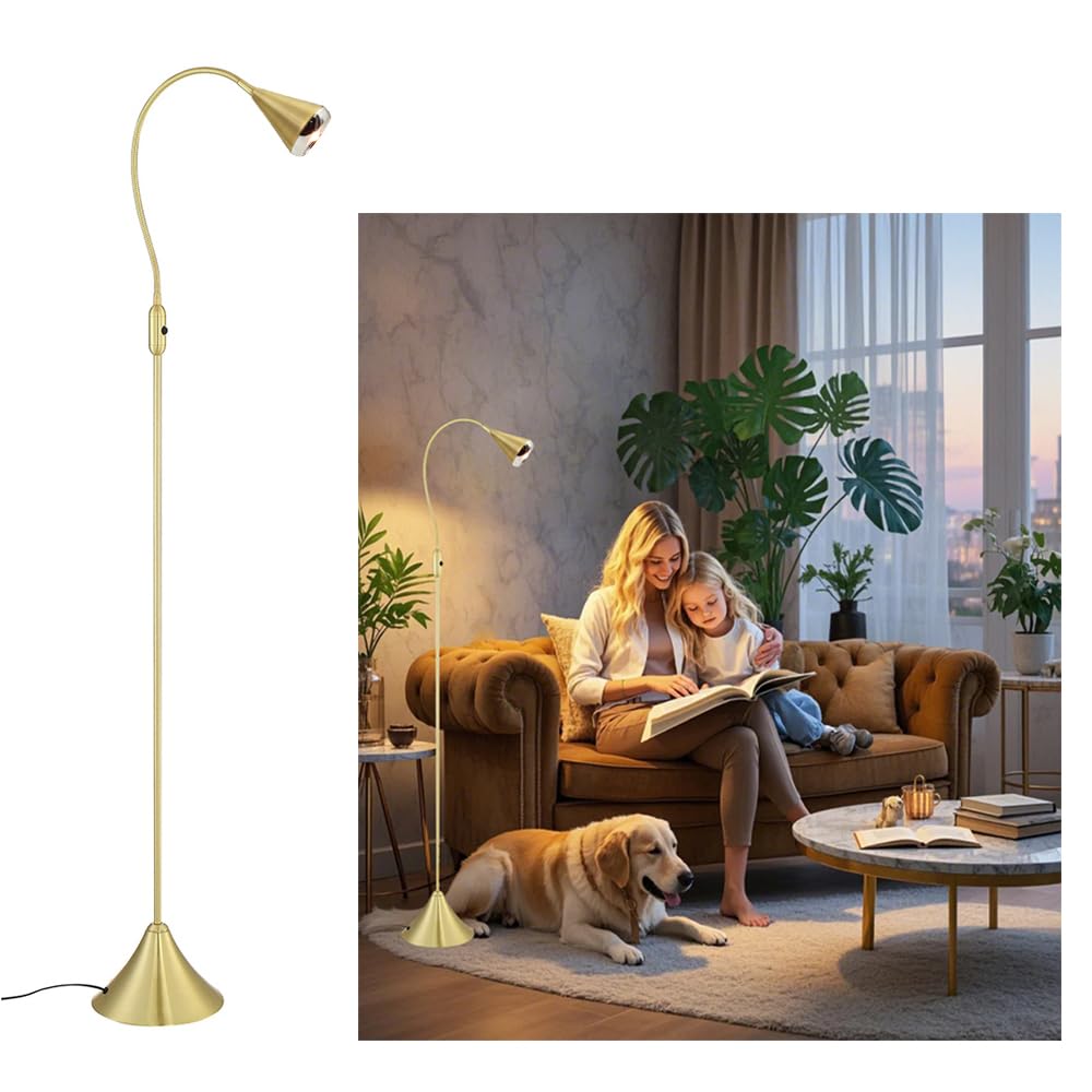 HomeFocus LED Floor Lamp with Dimmer - 3 Adjustable Reading Modes, Eye-Caring Design, 5W Energy Efficient Super Bright Light for Living Room, Bedroom, Office & Study (Gold) - Perfect for Reading, Working & Relaxing