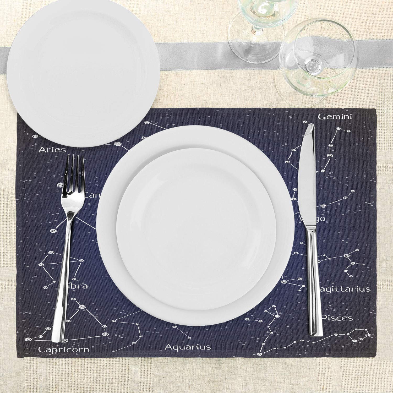 Ambesonne 4-Pack Constellation Placemats Set - Zodiac Star Clusters & Sign Names in Chalk Writing Style - Washable Fabric Table Mats for Dining Room & Kitchen Decor (Blue, Dark Blue, White) - Perfect for Dinner Parties, Holiday Gatherings & Astrology-Themed Decor