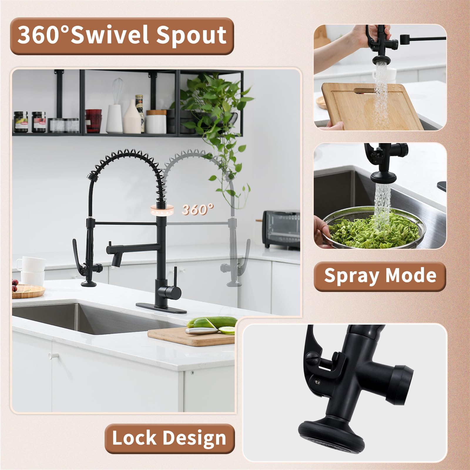 Fapully Commercial Matte Black LED Kitchen Faucet with Pull Down Sprayer and Deck Plate - High Arc Brushed Nickel Sink Faucet for Modern Home & Restaurant Use