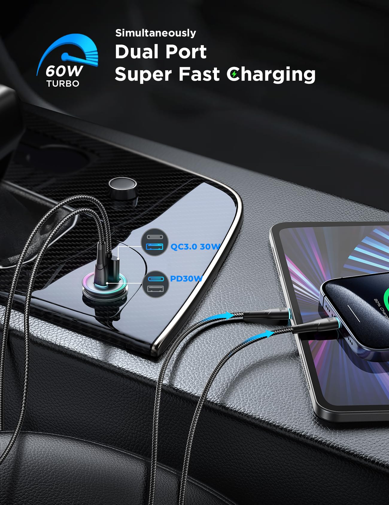60W Fast Car Charger with Dual USB Ports & 40-inch Cable - Mini Cigarette Lighter Adapter for iPhone 16/15/14/13/12/11, Samsung S24/S23/S22 - Quick Charge for Road Trips & Daily Commute
