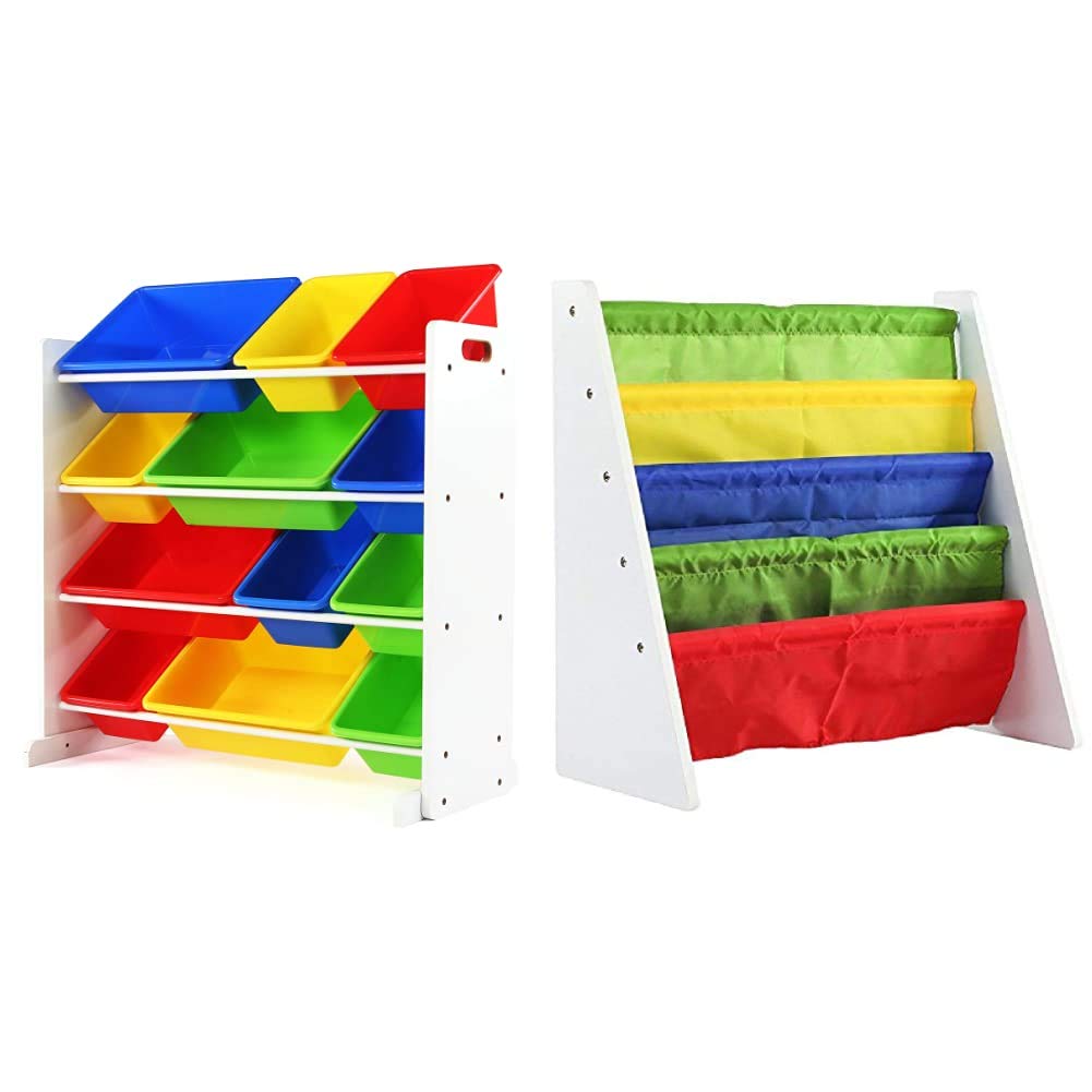 Humble Crew White & Primary Kids Toy Storage Organizer with 12 Plastic Bins - Kids Book Rack & Bookshelf for Nursery, Playroom & Classroom Organization