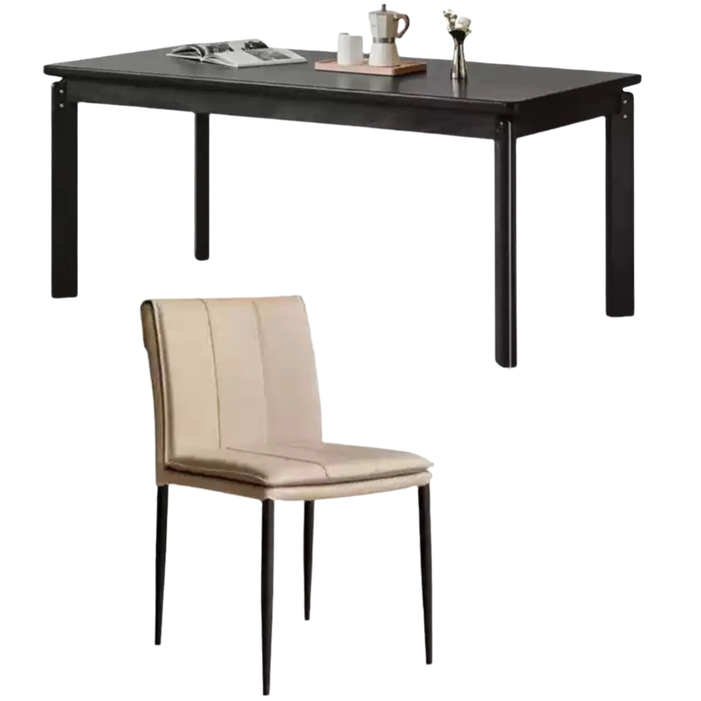 55.1x 31.5x29.9 inch  /140x80x75 сm /Black Color  / Dining table+ four organic leather chairs in milk tea color