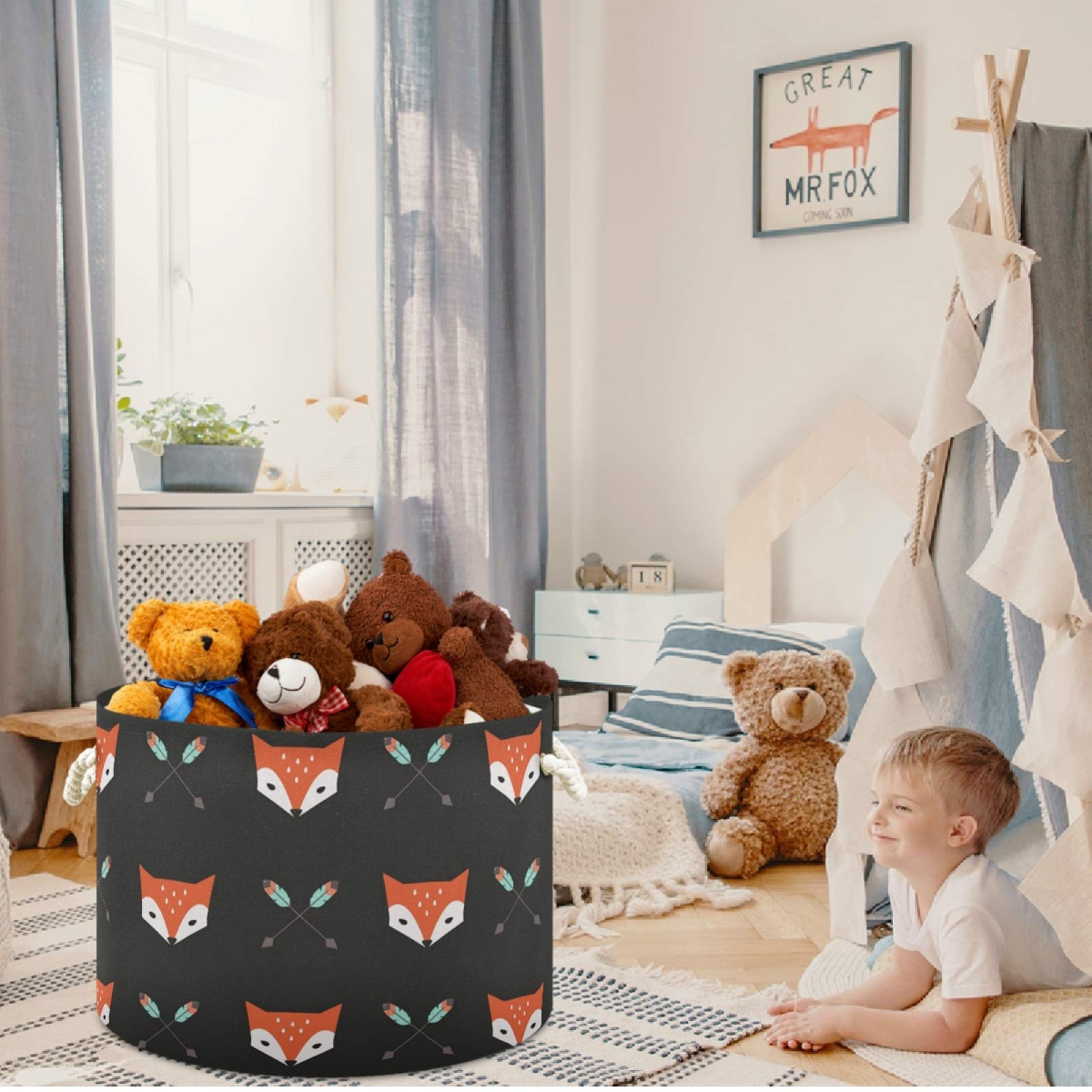 Visesunny Fox & Arrow Animal Nursery Storage Basket - Canvas Fabric Toy Organizer Bin, Laundry Hamper for Kids Room, Playroom, Shelves | Perfect for Toy Storage, Clothes Organization & Nursery Decor