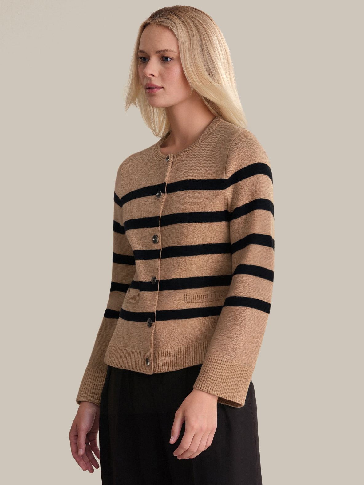 Catherine Women's Striped Crewneck Cotton Cardigan Sweater - Soft & Comfortable Knit Pullover for Casual Wear, Office, and Fall Outfits