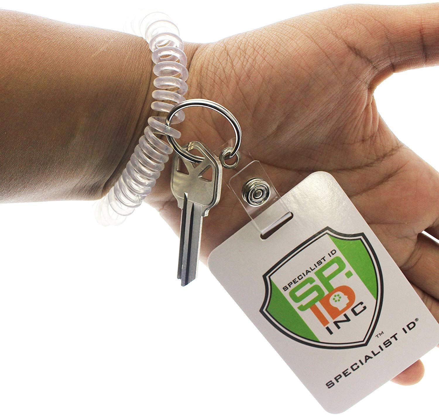 100 Pack Clear Retractable Wrist Coil Keychain & Badge Holder - Spiral ID Bracelet with Key Ring & Clip - One Size Fits All - Perfect for Office, Cruise Cards, Events & Security Badges (Specialist ID Brand)