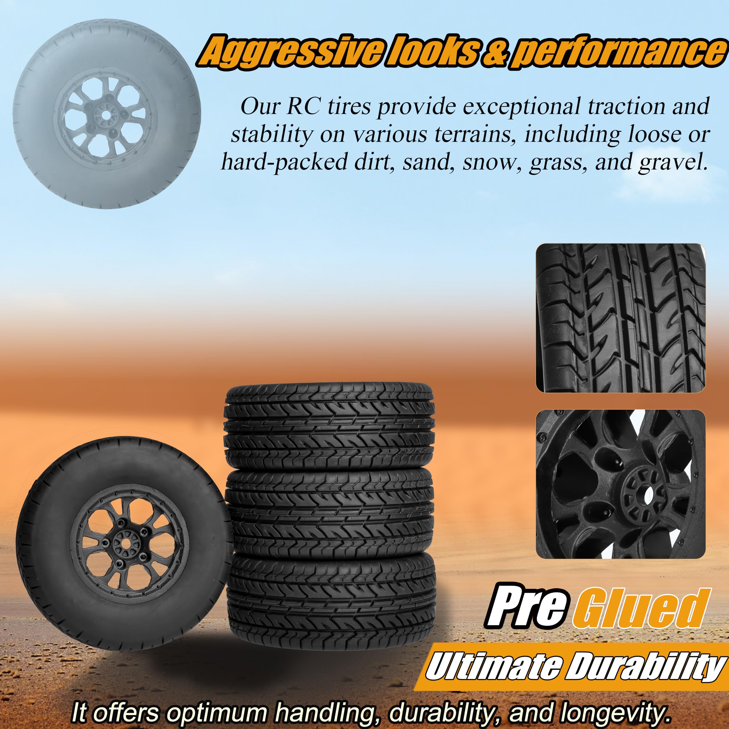 12mm Hex RC Wheels and Tires - 4PCS Pre-Glued 1/10 Scale Short Course Truck Tires & Wheels (4.25
