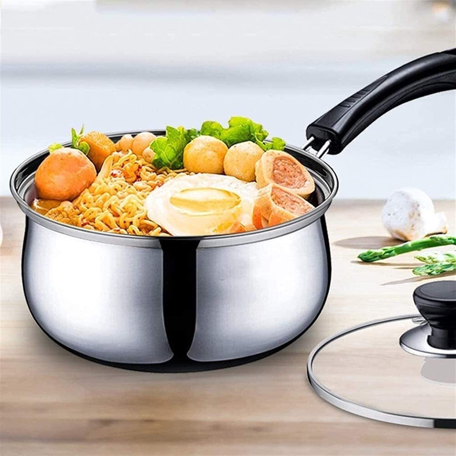 Premium Stainless Steel Wok Pan with Glass Lid - 18cm Non Stick Soup Pot, Milk Pan, Boiling Pot - Induction Compatible, Anti-Scalding Handle - Perfect for Stir-Frying, Simmering Soups & Milk Heating