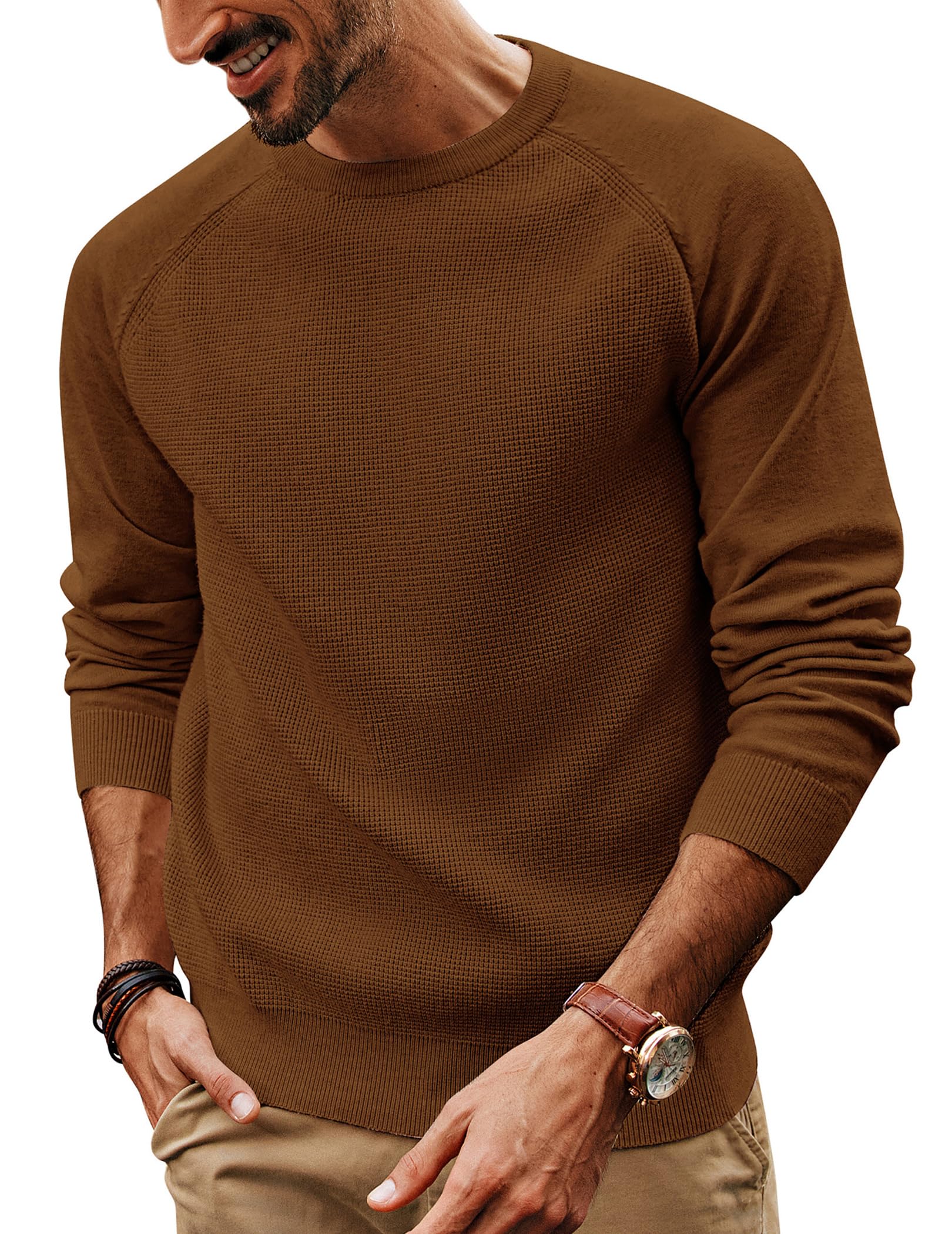 PJ PAUL JONES Men's Waffle Knit Crewneck Sweater - Soft Textured Pullover for Casual Wear & Winter Outfits | Perfect for Office, Dating & Weekend Relaxation