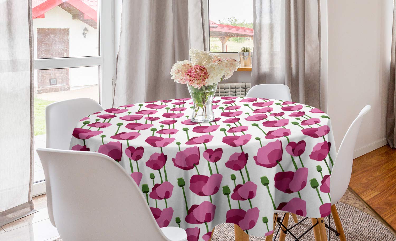 Ambesonne Floral Round Tablecloth 60 Inch - Elegant Spring Flower Design with Tall Stems & Blooming Buds, Circle Table Cover for Dining Room Kitchen Decor in Dried Rose Fern Green | Perfect for Dinner Parties, Brunch Gatherings & Home Decoration
