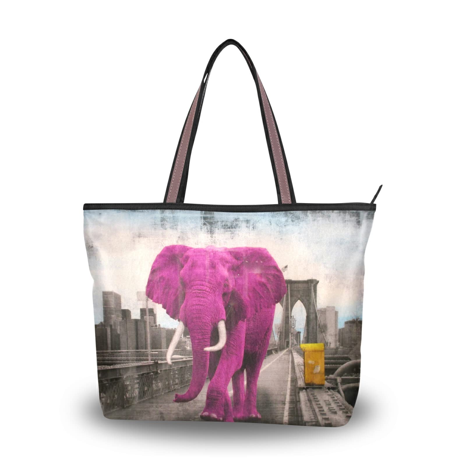 Stylish Pink Elephant Tote Bag for Women - Large Capacity Zippered Grocery & Shopping Bag - Durable Reusable Purse for Daily Use, Work & Travel (2 Size Options) - Perfect for Beach, Market & Commuting