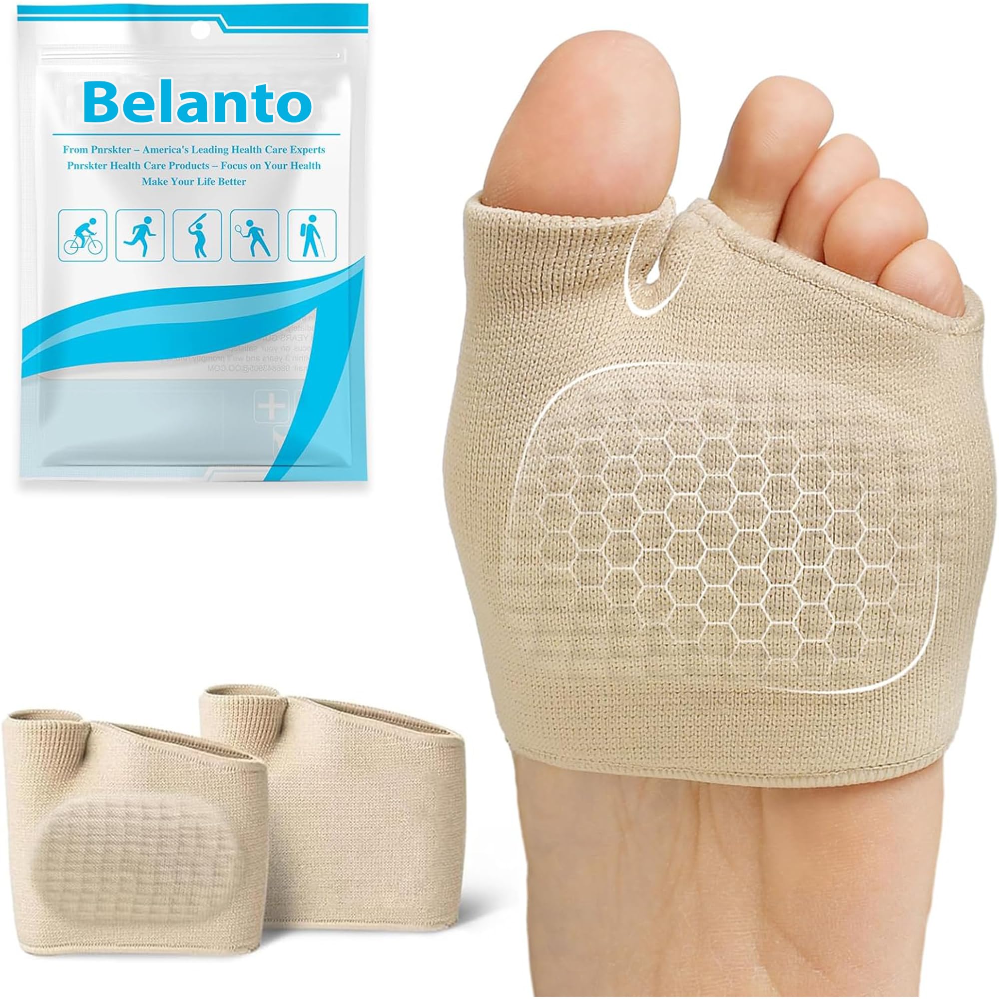 Belanto Metatarsal Pads for Women & Men - Gel Forefoot Cushions for Bunion Pain Relief, Hallux Valgus Support - Breathable Ball of Foot Pads for High Heels & Dress Shoes - Comfortable Foot Care Solution (1 Pair, Beige) - Perfect for Work, Walking & All-Day Comfort