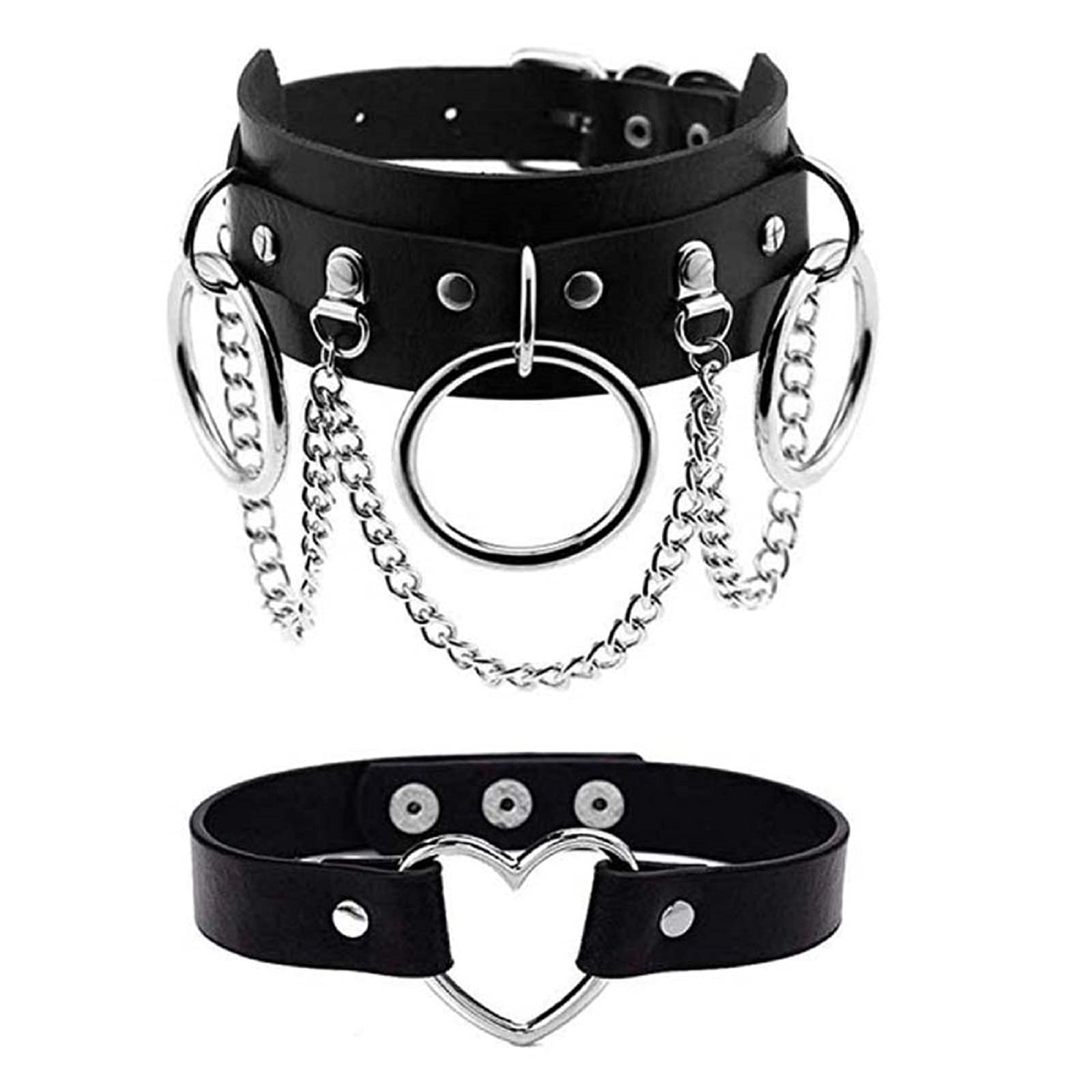 Gothic Jewelry for Women - Punk Rock O-Ring Heart PU Leather Choker Necklace Set (2Pcs) - Adjustable Black Gothic Necklace for Alternative Fashion & Night Out
