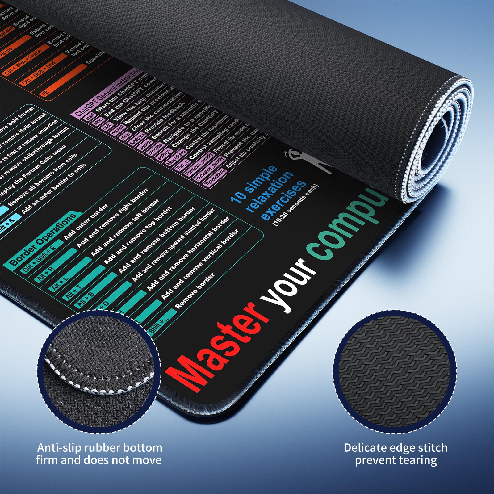 Waterproof Mouse Pad with Excel Cheat Sheet - 9 Major Excel Function Modules & Common Shortcuts - Extra Large XL Desk Mat for Gaming, Office & Computer Work - Perfect for Excel Users, Programmers & Gamers
