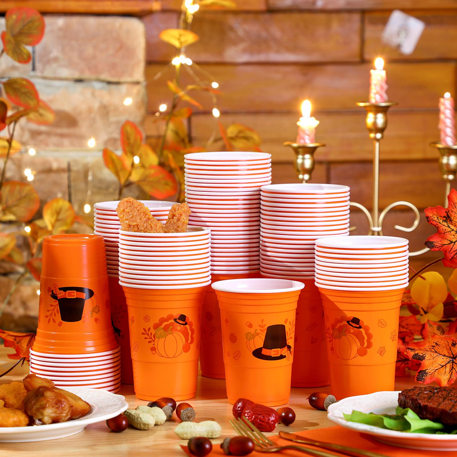 100-Pack 16oz Thanksgiving Plastic Cups - Bulk Disposable Orange Pumpkin Cups for Juice, Coffee & Fall Beverages | Perfect for Thanksgiving Dinner, Autumn Harvest Parties & Holiday Decorations