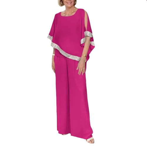 Lady Hot Pink Chiffon Wedding Guest Pantsuit
