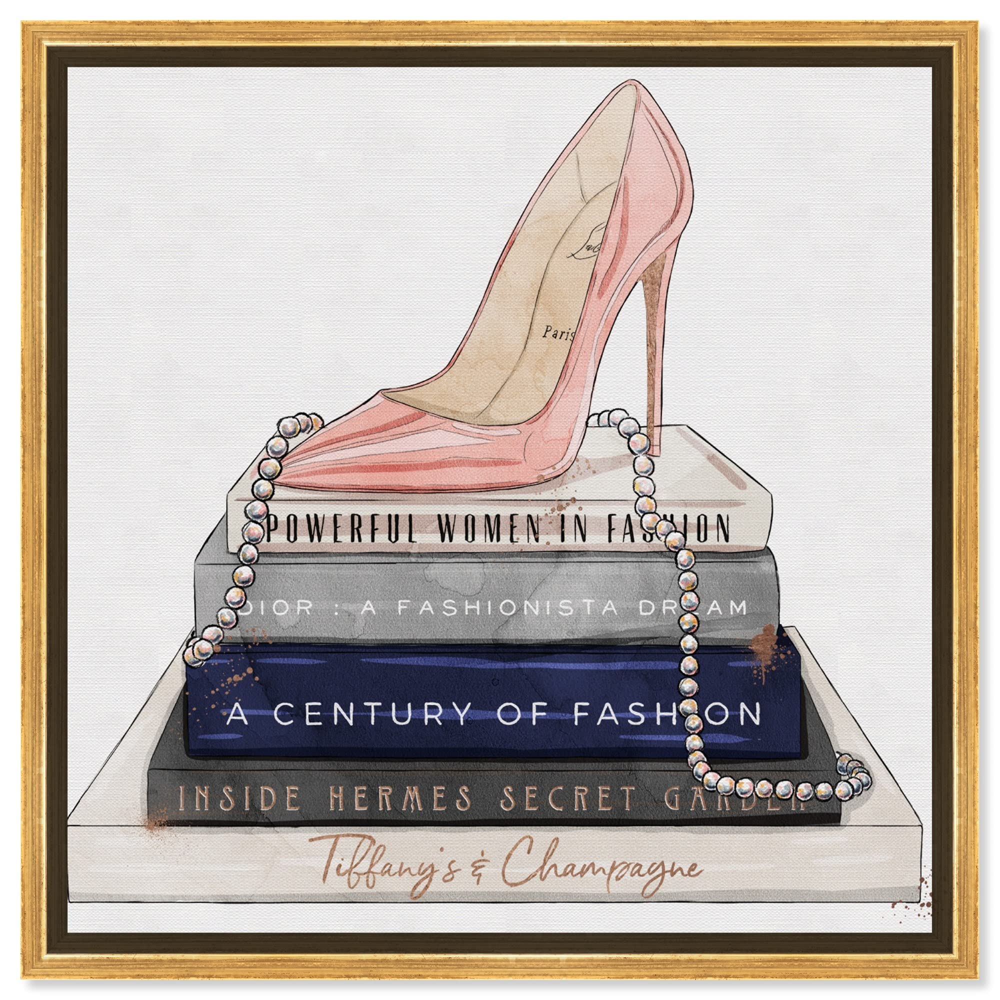 Oliver Gal Fashion & Glam Wall Art Canvas Print - 24x24 Gold Framed Shoes, Blush Stiletto & Navy Books Home Decor | Perfect for Living Room, Bedroom & Office Wall Decor
