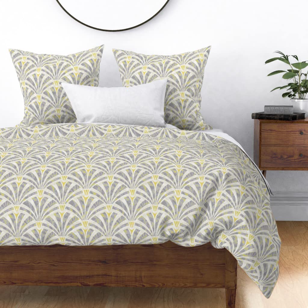 Custom Art Deco Fan Palm Watercolor Duvet Cover - King/California King Size Cotton Sateen Bedding in Grey, White, Cream & Marble Yellow Print | Perfect for Modern & Vintage Bedroom Decor