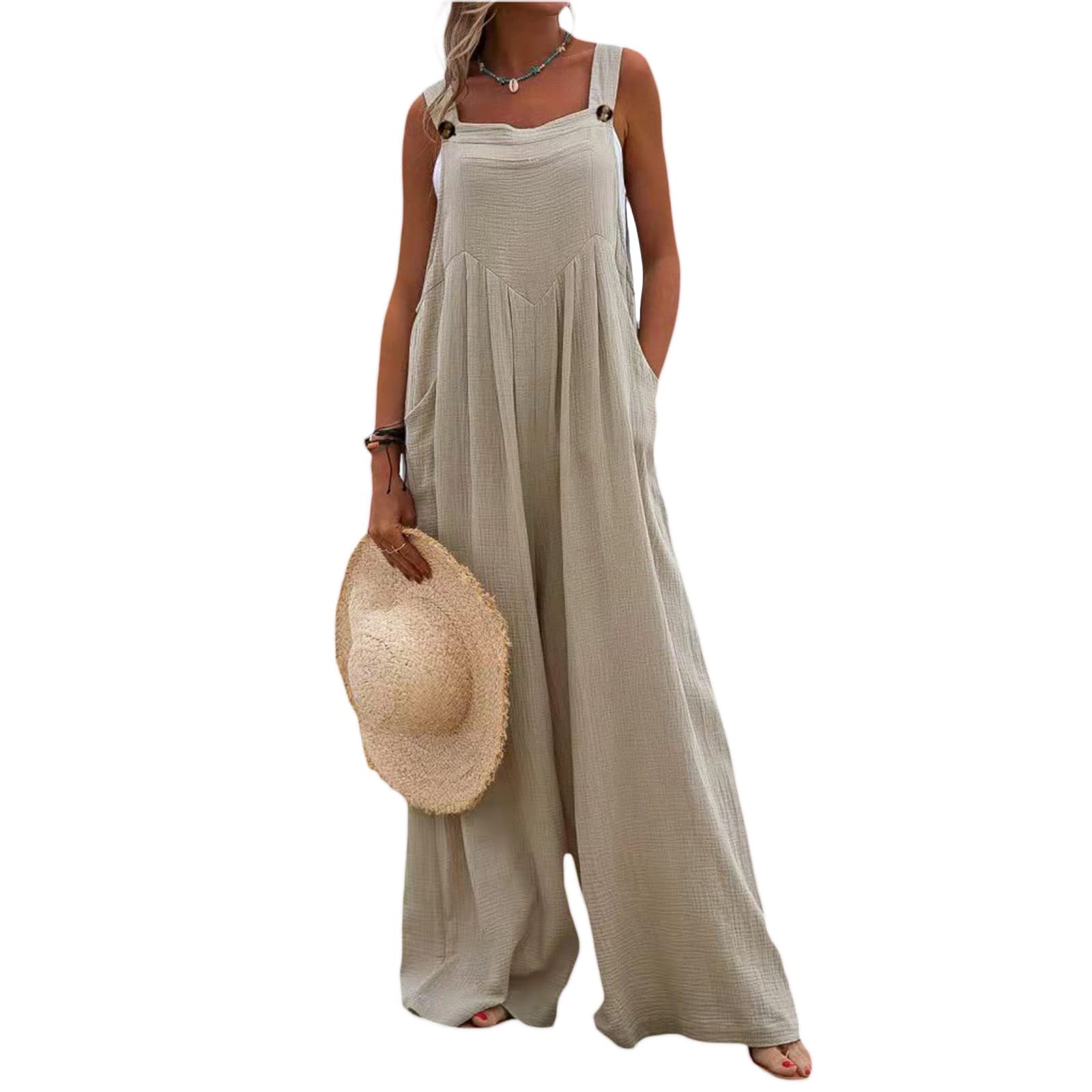 Kaipiclos Women's Plus Size Linen Overalls - Baggy Wide Leg Jumpsuit with Pockets, Loose Fit Suspender Romper for Summer | Casual Outfit, Beach Wear, Boho Fashion