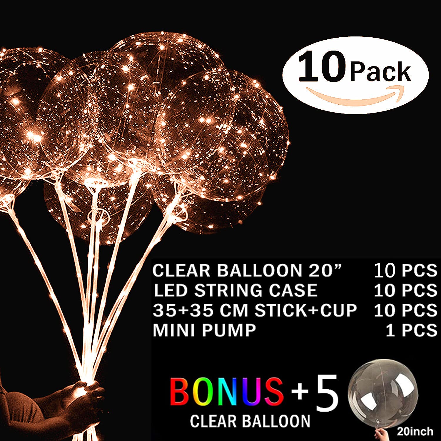 10 Pack LED Bobo Balloons with Sticks & Pump - Transparent Light Up Balloons for Party Decor - Warm White Glow Bubble Balloons with String Lights - Perfect for Birthday, Wedding, Festival & Nighttime Celebrations
