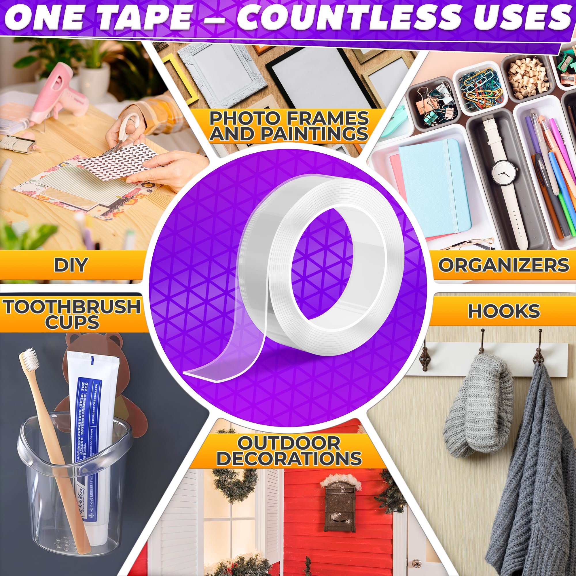 Strong Double Sided Tape - Heavy Duty Nano Adhesive Mounting Tape for Walls, Carpets & Home Decor | Reusable & Damage-Free Hanging Solution for Pictures, Mirrors, Hooks & DIY Projects