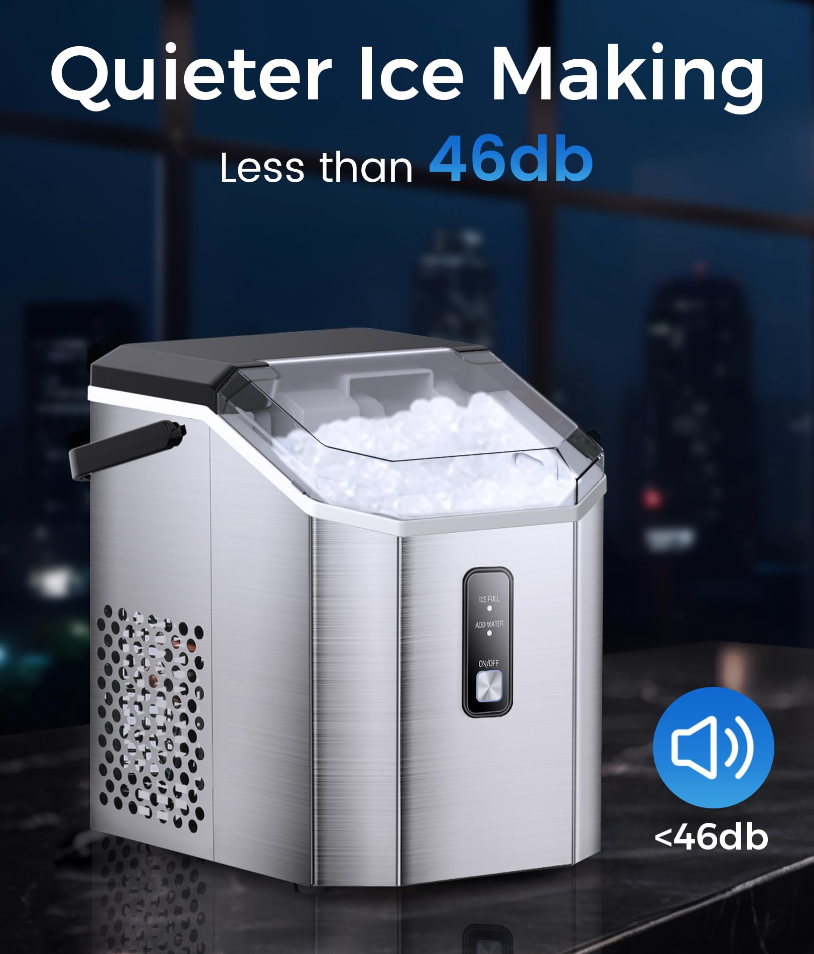 Premium Countertop Nugget Ice Maker - 33lbs/Day, Stainless Steel Portable Ice Machine with Self-Cleaning & Handle | Perfect for Home Bars, Office Breakrooms & Outdoor Parties | Includes Ice Scoop & Basket (Silver)
