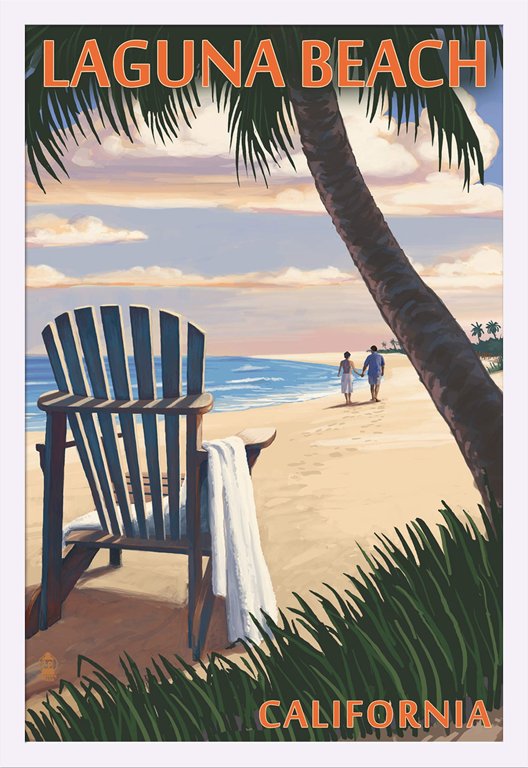 Laguna Beach California Sunset Adirondack Chairs 24x36 Giclee Art Print - Gallery Framed White Wood Wall Decor for Living Room, Bedroom & Office