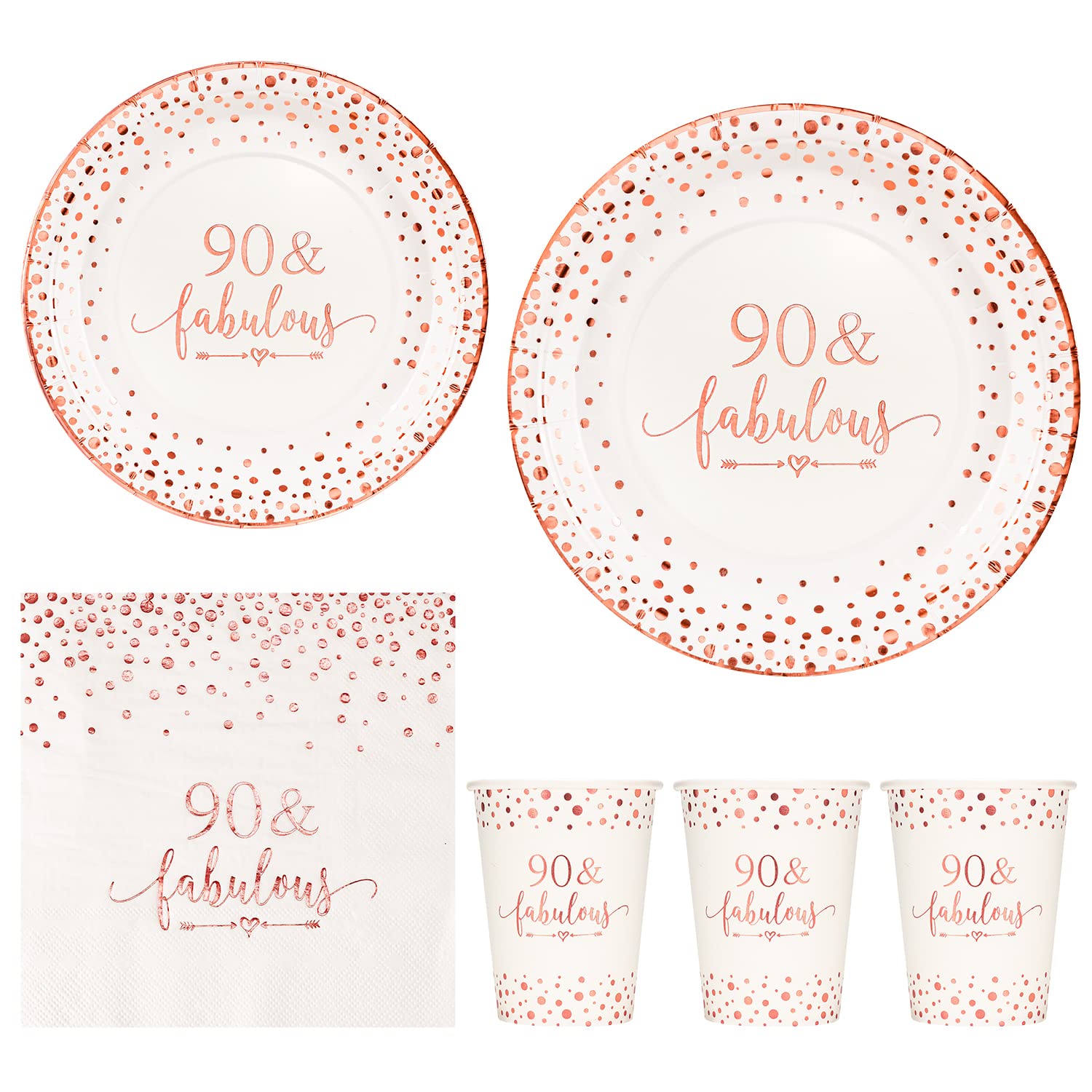 Premium Rose Gold Foil 90th Birthday Party Supplies - 24-Piece Disposable Tableware Set (9